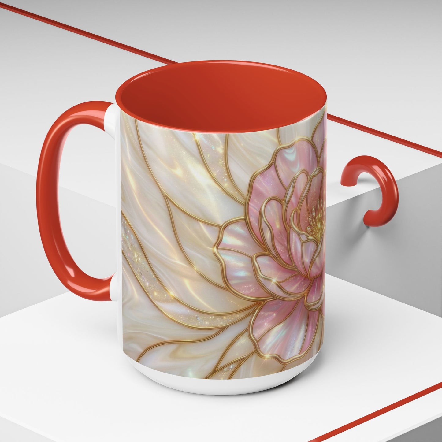 Pink Peony Stained Glass Mug, Gold Floral Coffee Cup, Elegant Flower Gift For Her, Fairycore Tea Cup, Mothers Day Present, Pearl Art Decor