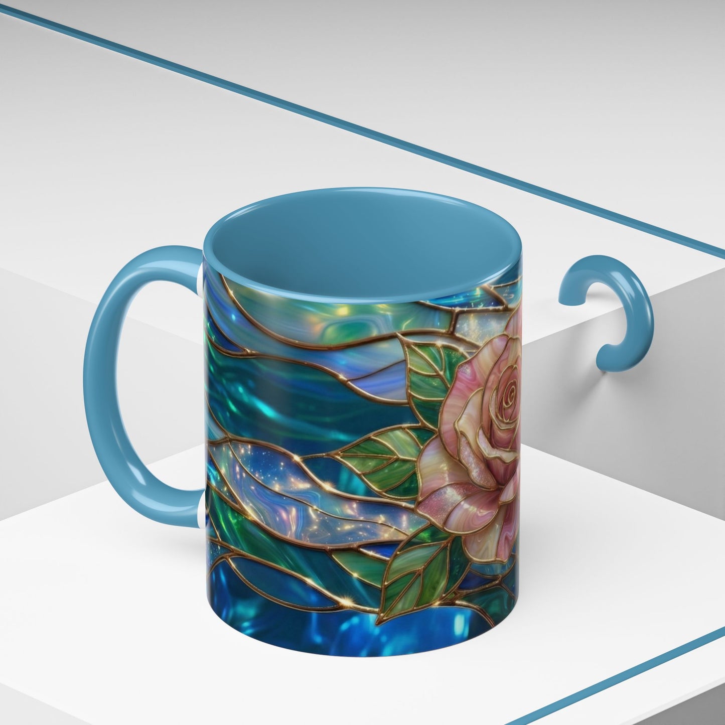 Stained Glass Rose Mug, Pink Flower Coffee Cup, Fantasy Floral Tea Cup, Magical Garden Gift, Galaxy Rose Art, Botanical Lover Present