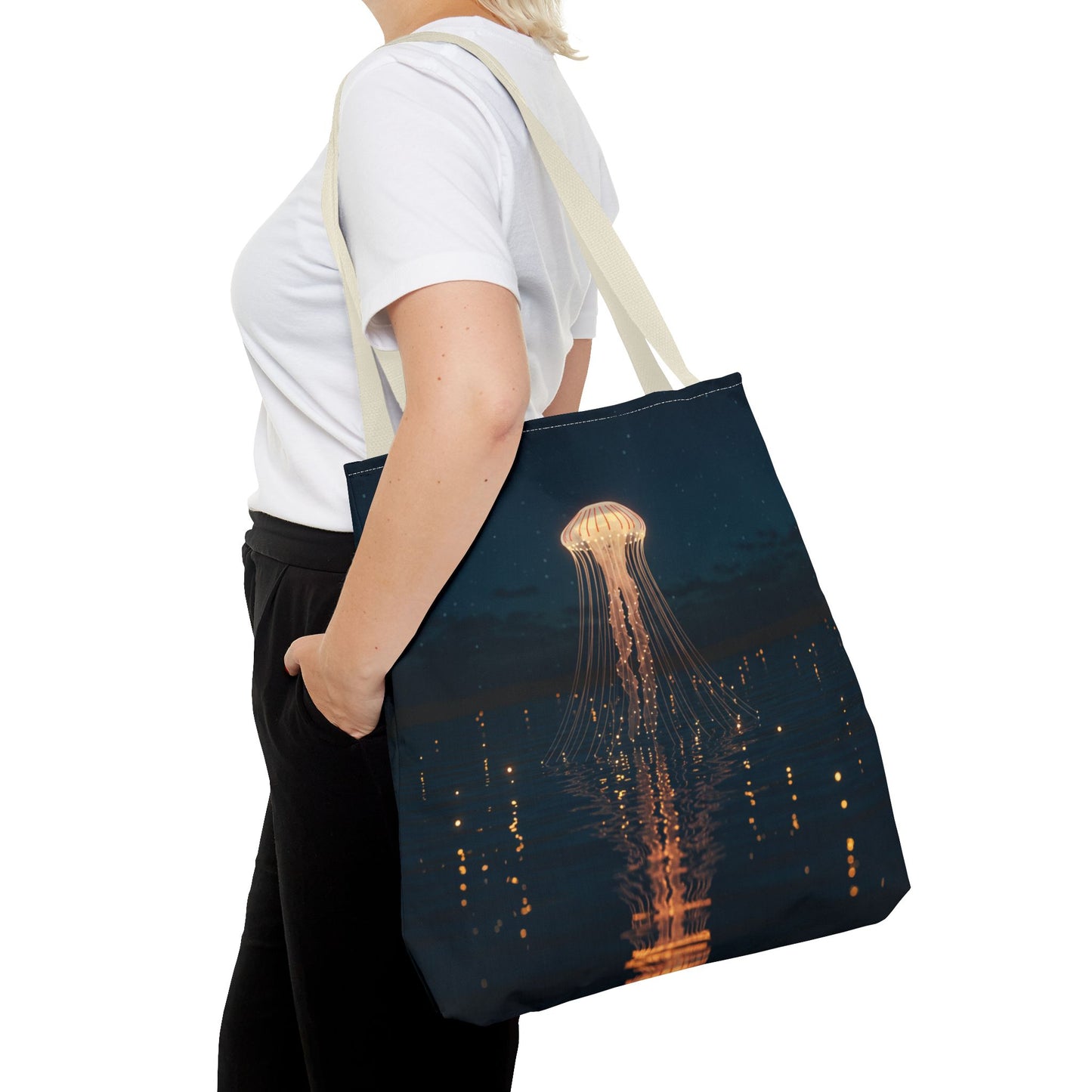 Luminous Jellyfish Tote Bag, Glow-Inspired Ocean Design Shoulder Bag, Durable Polyester Tote For Everyday Style, Gifts, And Coastal Fashion