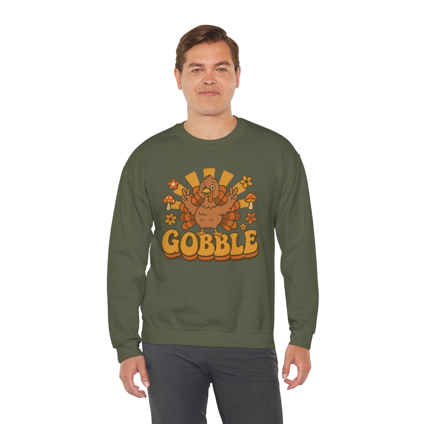Gobble Turkey Sweatshirt, Retro Fall Turkey Crewneck, Thanksgiving Graphic Pullover, Autumn Mushroom & Flower Design, Cozy Fall Top