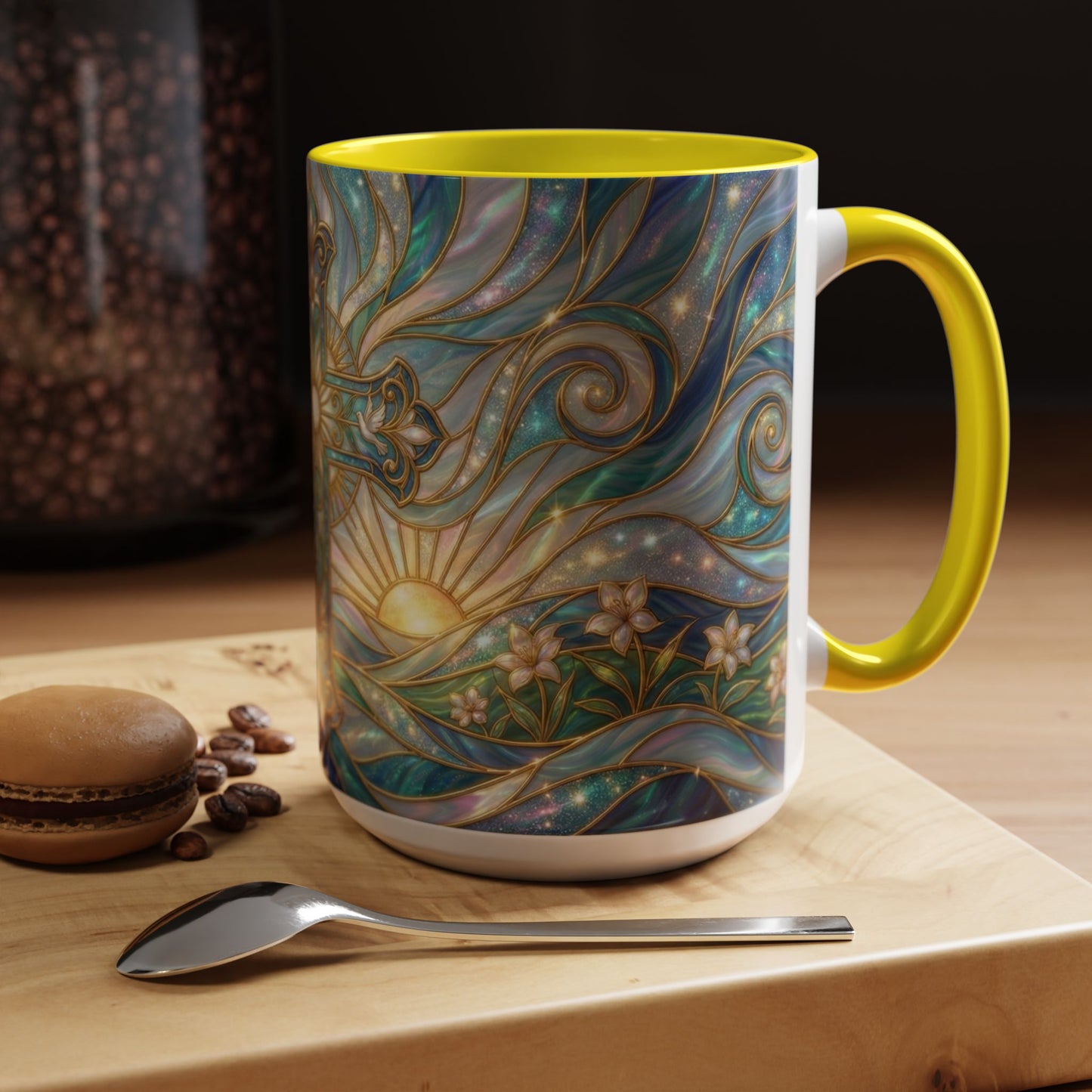 Stained Glass Cross Mug, Christian Coffee Cup, Religious Easter Gift, Celestial Faith Mug, Spiritual Sunrise Cup, Dove Lily Print Mug