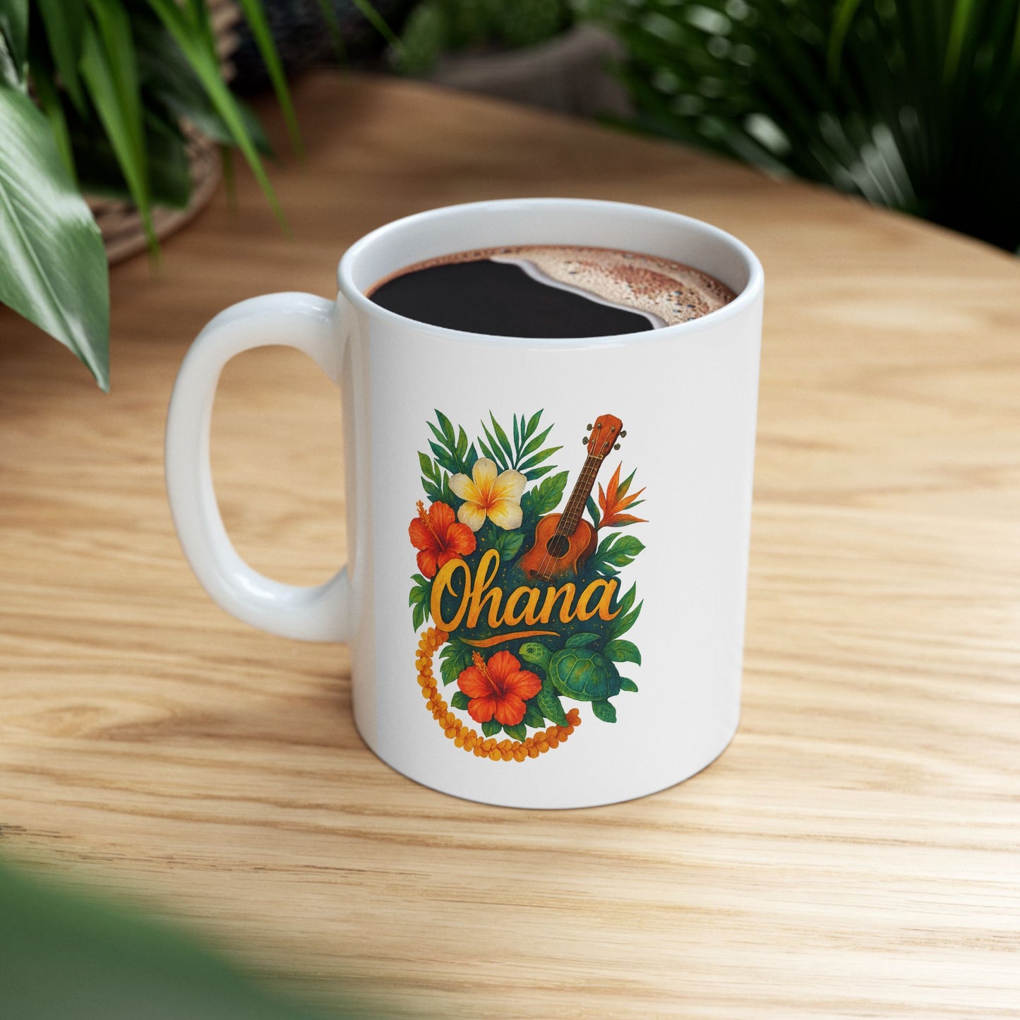 Ohana Hawaiian Mug - Tropical Coffee Cup with Ukulele & Hibiscus Flowers - Island Gift for Family, Friends, or Beach Lovers