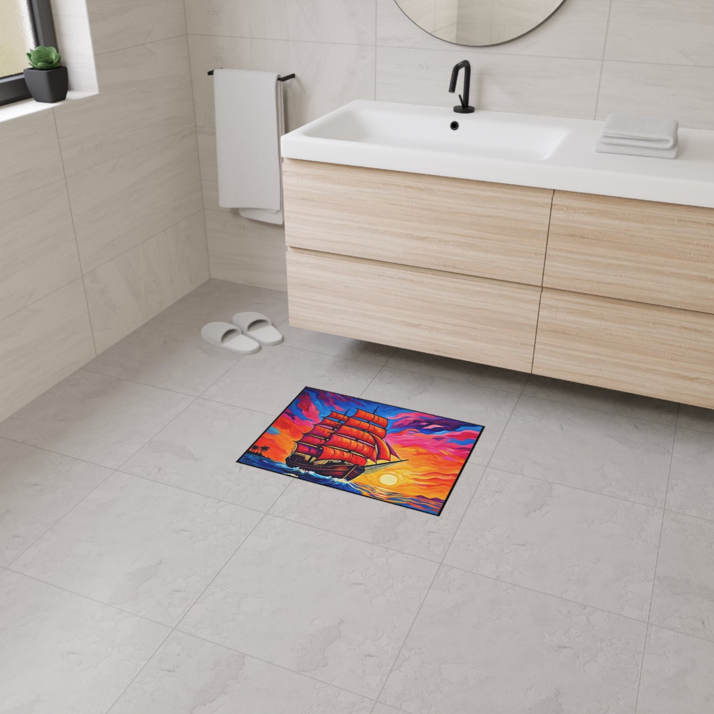 Floor Mat - Ship on Ocean at Sunset Painting