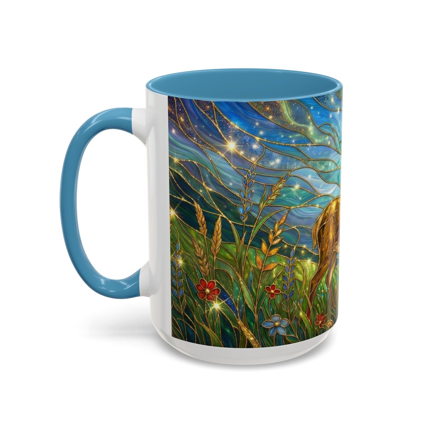 Stained Glass Deer Mug, Woodland Art Coffee Cup, Nature Forest Mug, Blue Green Gold Glass Style Mug, Gift For Nature Lovers Decor