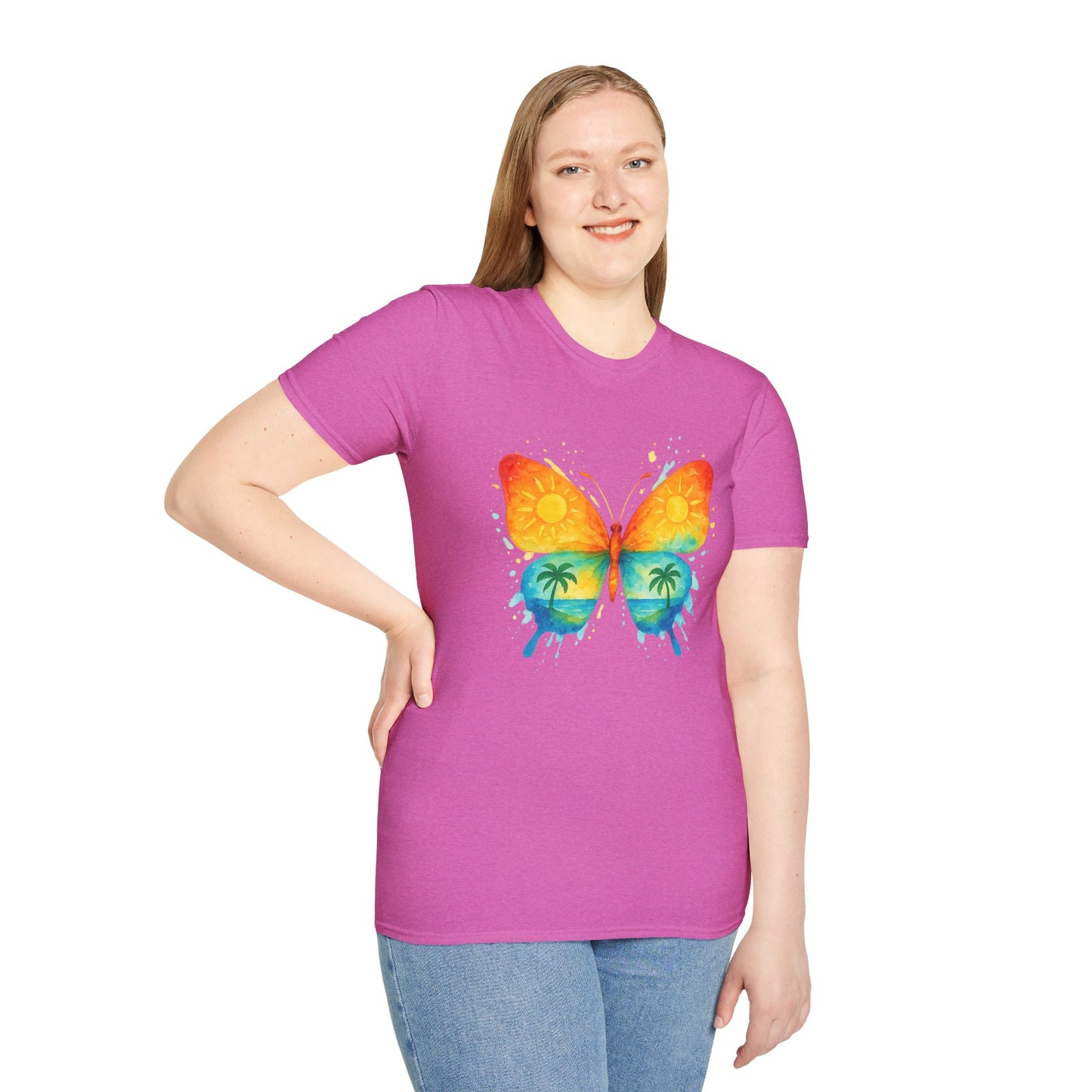 Butterfly Sunset Beach Tee - Ocean & Palm Watercolor Butterfly T-Shirt, Coastal Boho Graphic, Nature Lover Gift, Unisex Casual Tee