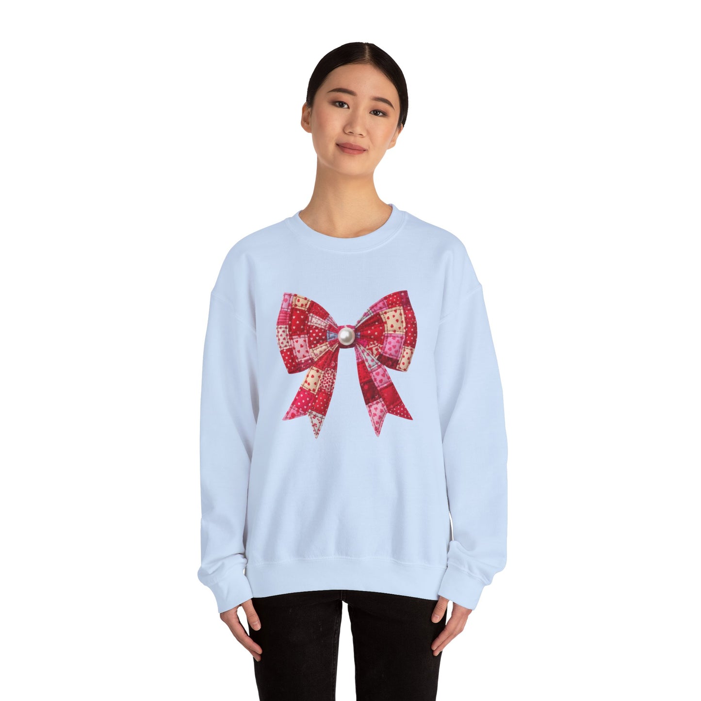 Faux Patchwork Bow Sweatshirt, Quilted Look Bow Crewneck, Pearl Bow Pullover, Cozy Coquette Sweatshirt, Girly Valentine Gift