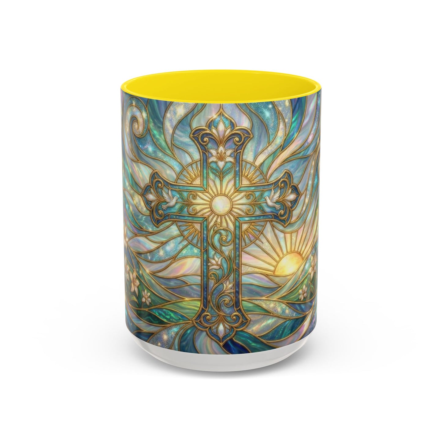 Stained Glass Cross Mug, Christian Coffee Cup, Religious Easter Gift, Celestial Faith Mug, Spiritual Sunrise Cup, Dove Lily Print Mug