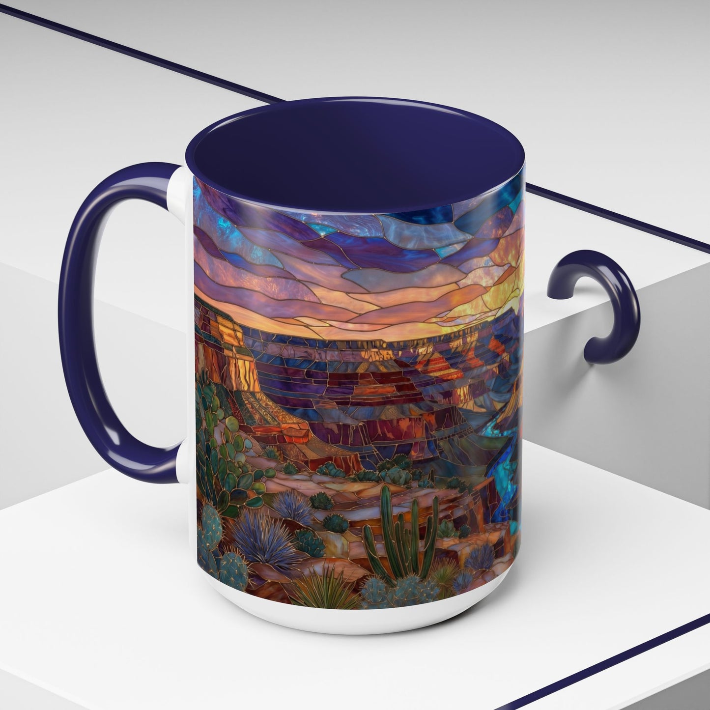 Stained Glass Grand Canyon Mug, Southwest Landscape Coffee Cup, Sunset Canyon Art Mug, Nature Gift For Hikers, Colorful Scenic Grand Canyon Illustration