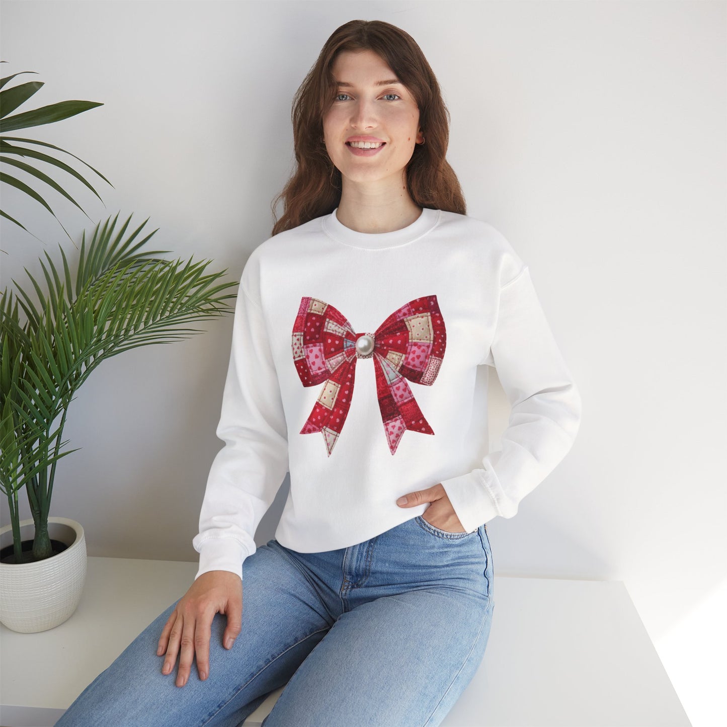 Faux Patchwork Bow Sweatshirt, Quilted Look Bow Crewneck, Pearl Center Bow Pullover, Cozy Coquette Sweatshirt, Girly Gift