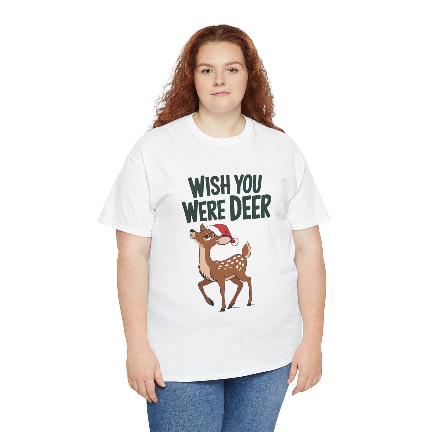 Wish You Were Deer Funny Christmas T-Shirt, Cute Reindeer Holiday Tee, Pun Christmas Shirt, Festive Santa Hat Deer Graphic Tee Gift