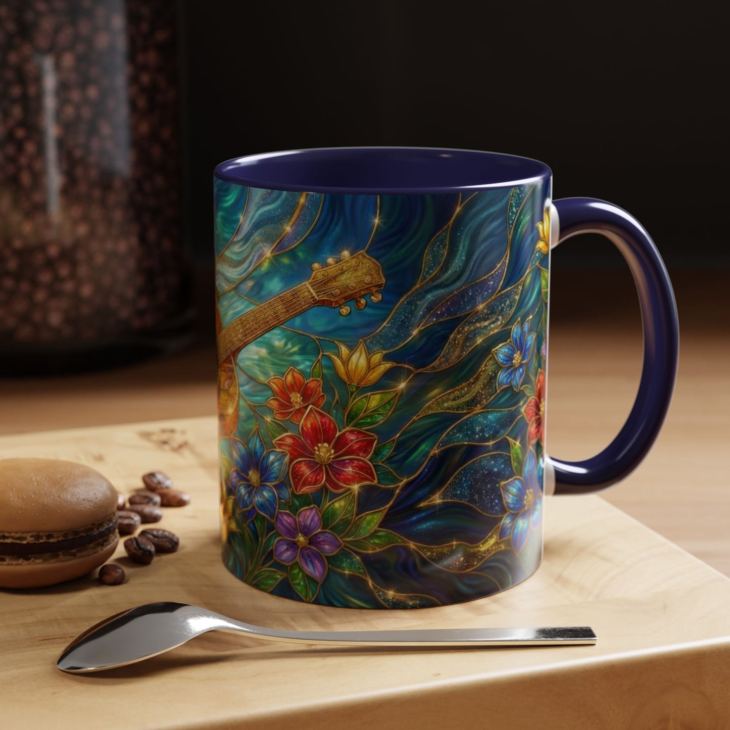 Guitar Coffee Mug, Stained Glass Guitar Art Mug, Music Lover Gift, Floral Acoustic Guitar Mug, Ceramic Coffee Cup, Unique Musician Gift, 11oz
