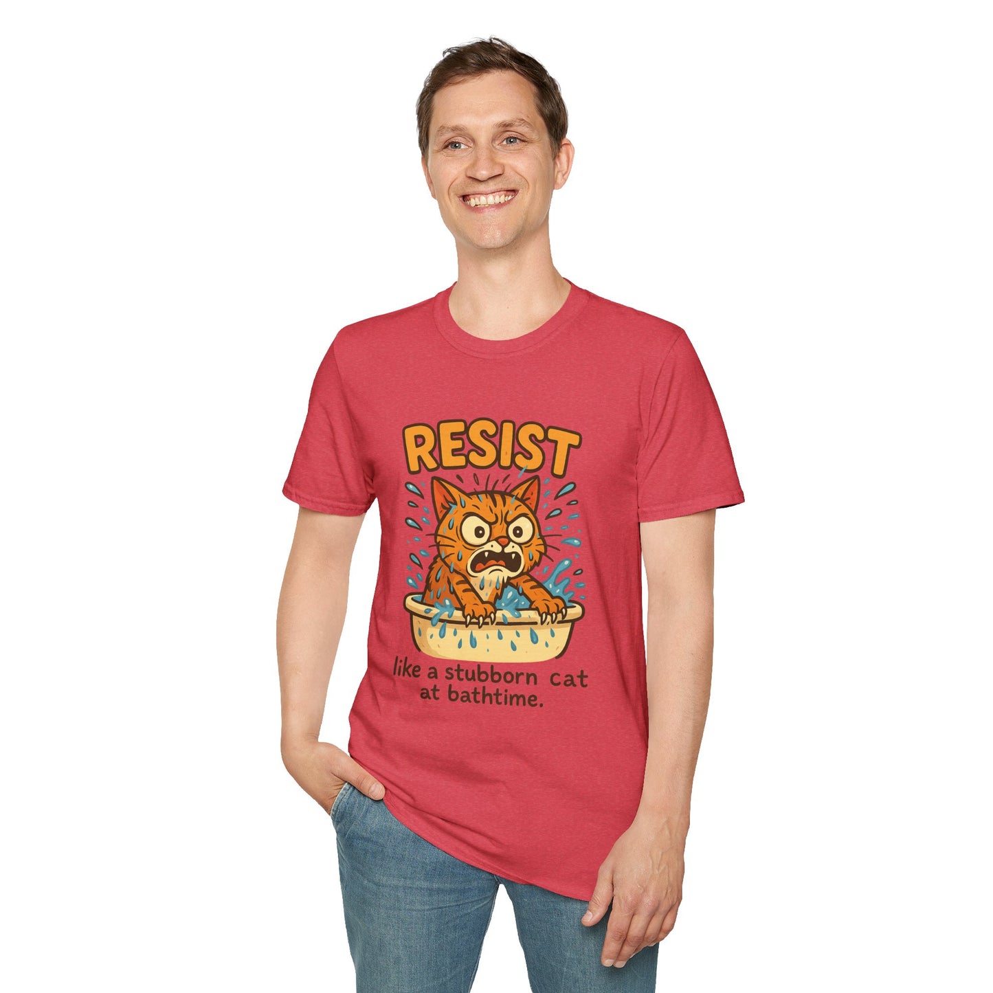 Resist Like A Stubborn Cat At Bathtime Funny Cat Lover Graphic Tee - Quirky Self Care Shirt - Gift For Pet Moms, Dads and Humor Fans
