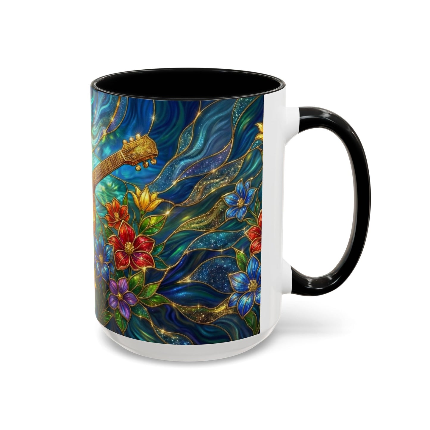 Guitar Coffee Mug, Stained Glass Guitar Art Mug, Music Lover Gift, Floral Acoustic Guitar Mug, Ceramic Coffee Cup, Unique Musician Gift, 11oz