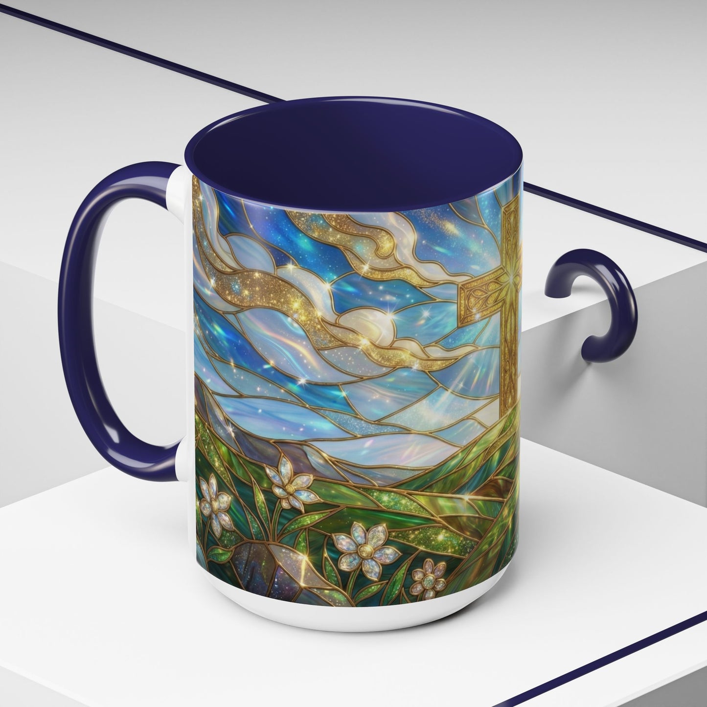 Stained Glass Cross Mug, Christian Coffee Mug, Faith Inspired Art Cup, Religious Gift For Women Men, Inspirational Christian Mug