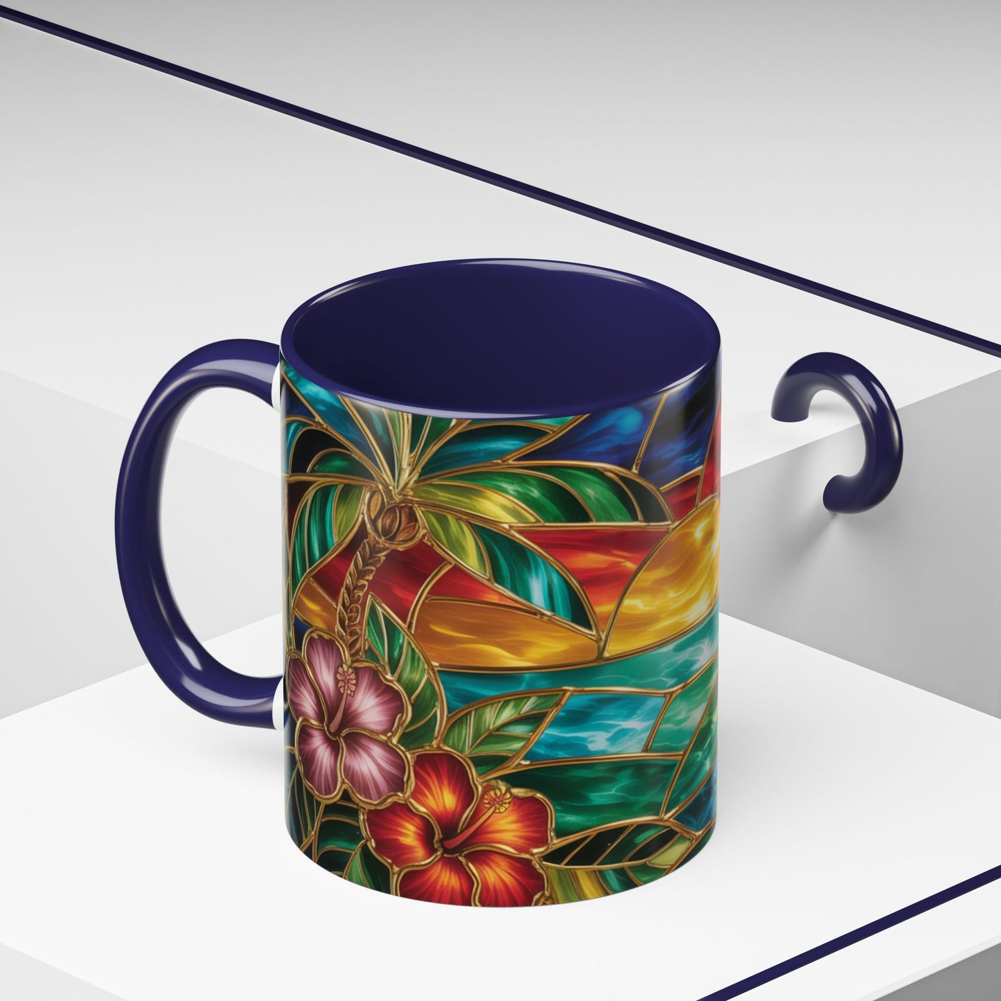 Stained Glass Tropical Sunset Mug, Hibiscus Flower Coffee Cup, Beach Lover Gift, Colorful Palm Tree Mug, Coastal Art Drinkware, Summer Cup