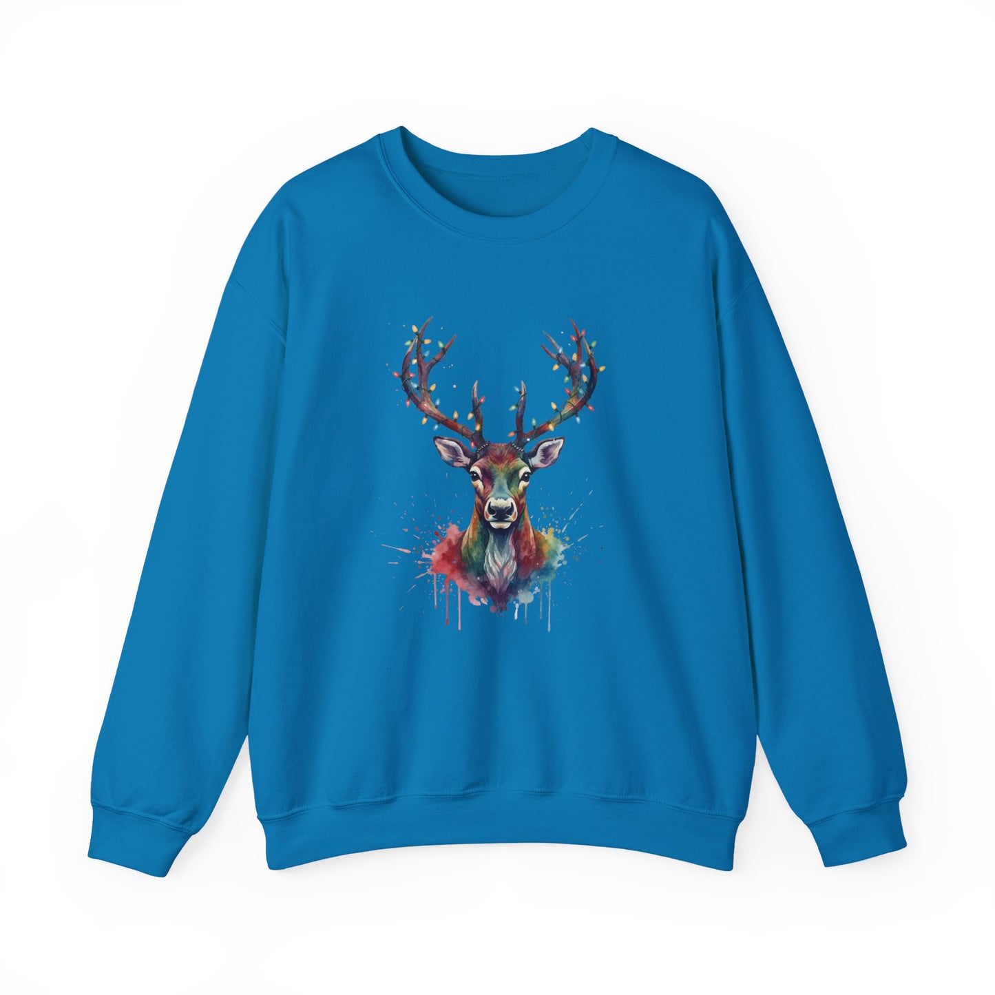 Colorful Reindeer Christmas Sweatshirt, Holiday Deer Lights Sweater, Watercolor Winter Crewneck, Festive Cozy Gift For Him Or Her