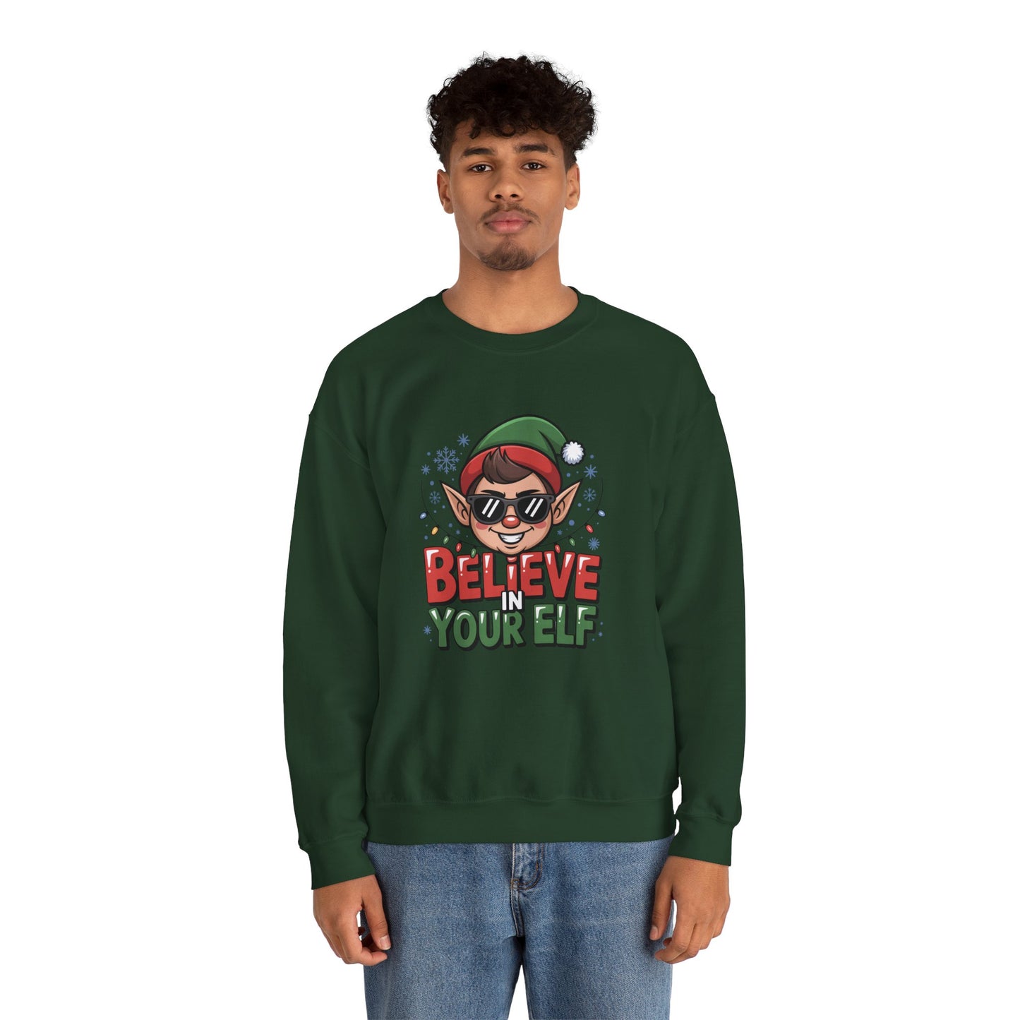 Believe In Your Elf Christmas Sweatshirt, Funny Elf Holiday Sweater, Unisex Christmas Crewneck, Festive Gift For Friends And Family
