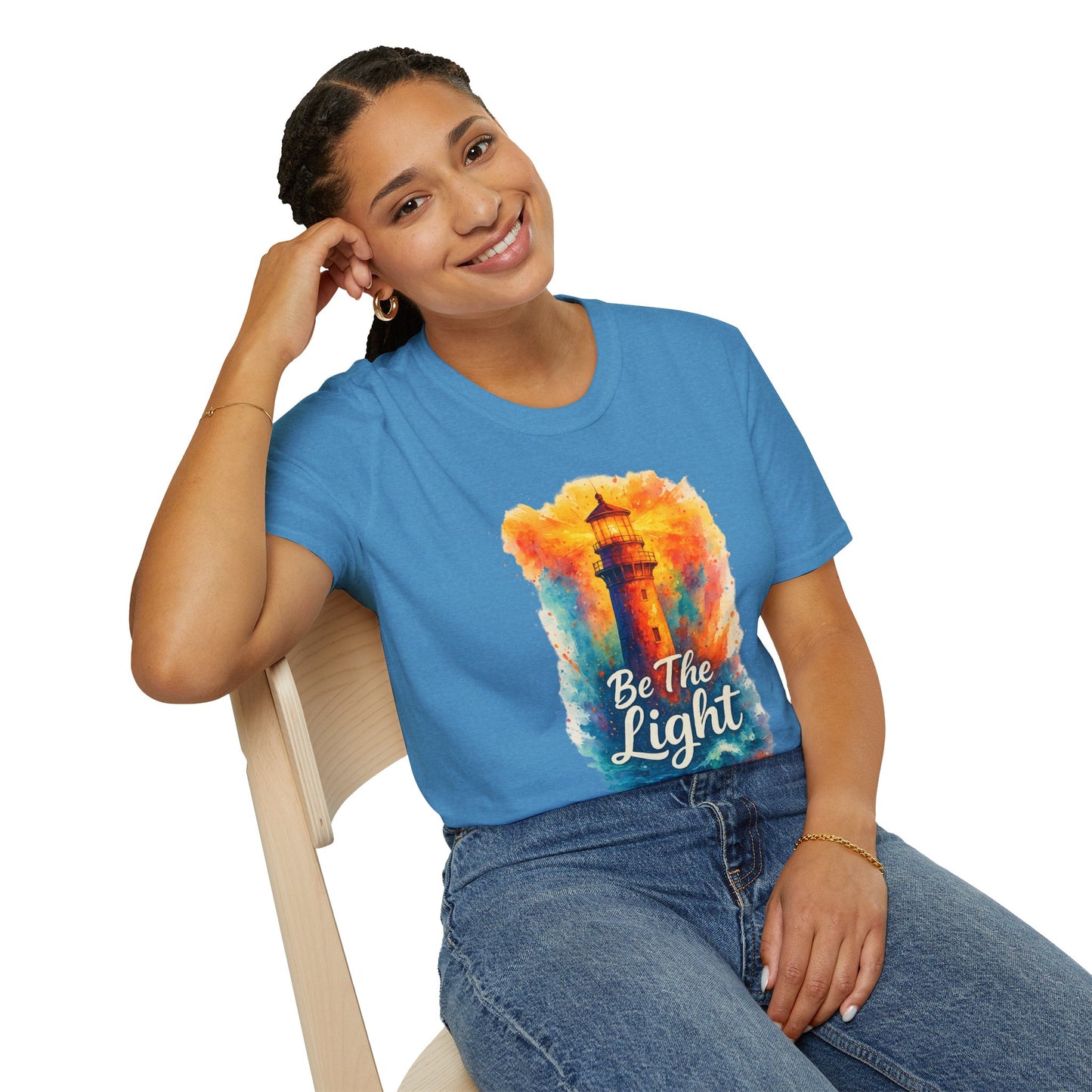 Be The Light Lighthouse T-Shirt | Inspirational Spiritual Tee | Coastal Nautical Gift for Her and Him | Unisex Softstyle Graphic Tee