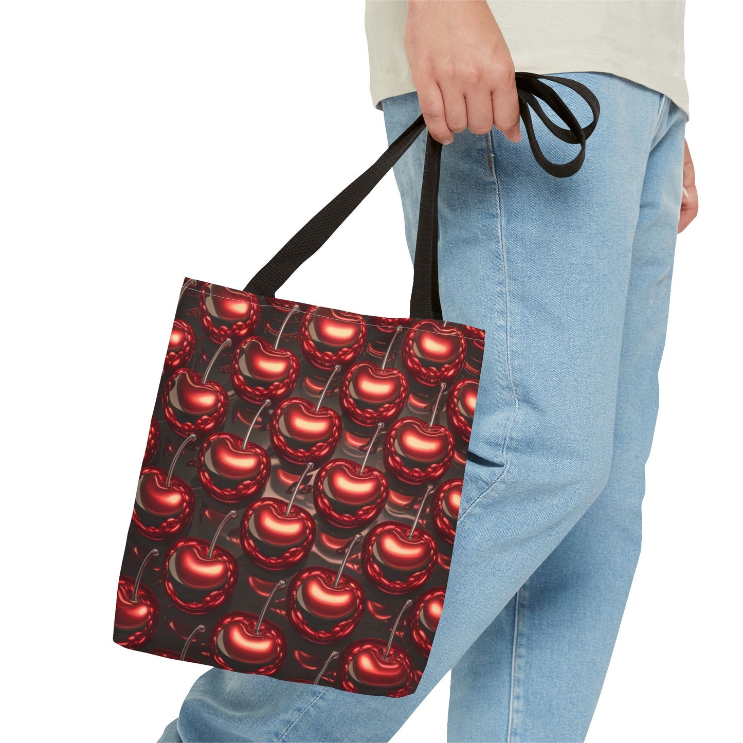 Glossy Cherry Pattern Canvas Tote Bag – Retro Black & Red Cherry Print, Coquette Cottagecore Aesthetic Shopper Tote, Fruit Lover Gift