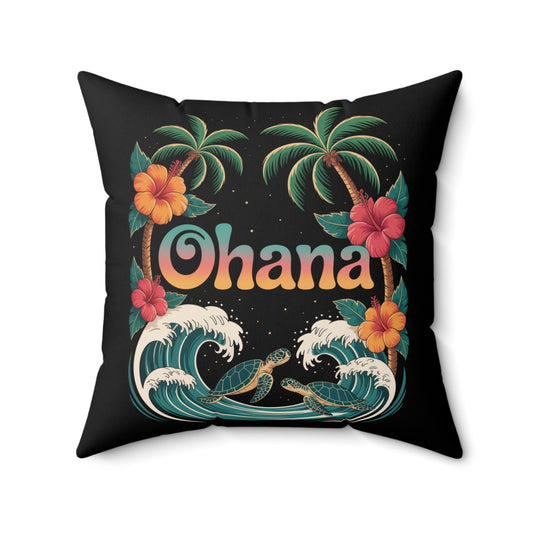 Ohana Pillow Hawaiian Decor | Tropical Throw Pillow with Turtles, Palm Trees & Flowers | Beach Vibes Home Gift Idea