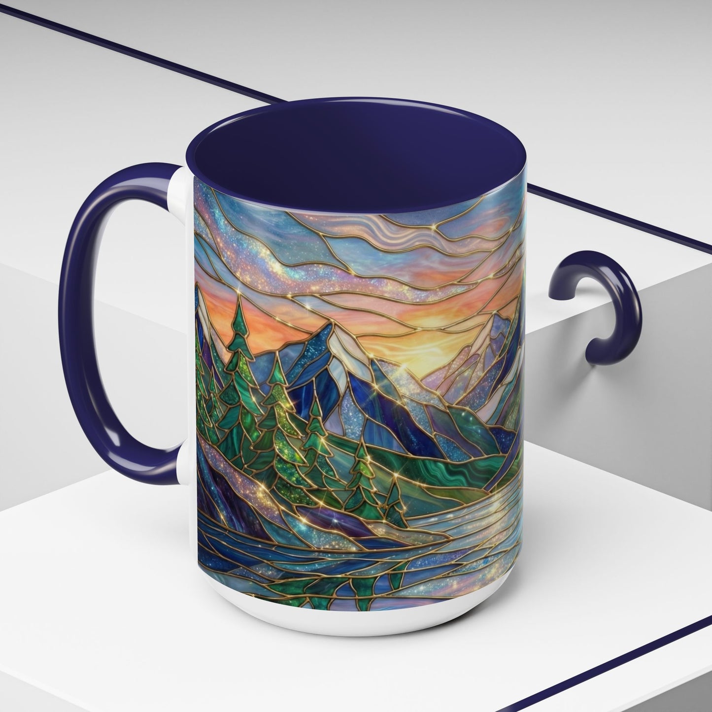 Stained Glass Mountain Mug, Sunset Mountain Landscape Coffee Cup, Nature Ceramic Mug With Forest And River, 11oz 15oz Gift