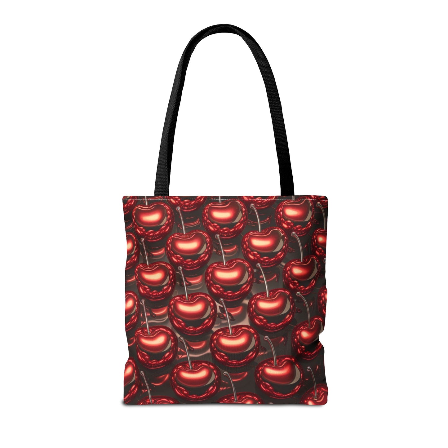 Glossy Cherry Pattern Canvas Tote Bag – Retro Black & Red Cherry Print, Coquette Cottagecore Aesthetic Shopper Tote, Fruit Lover Gift