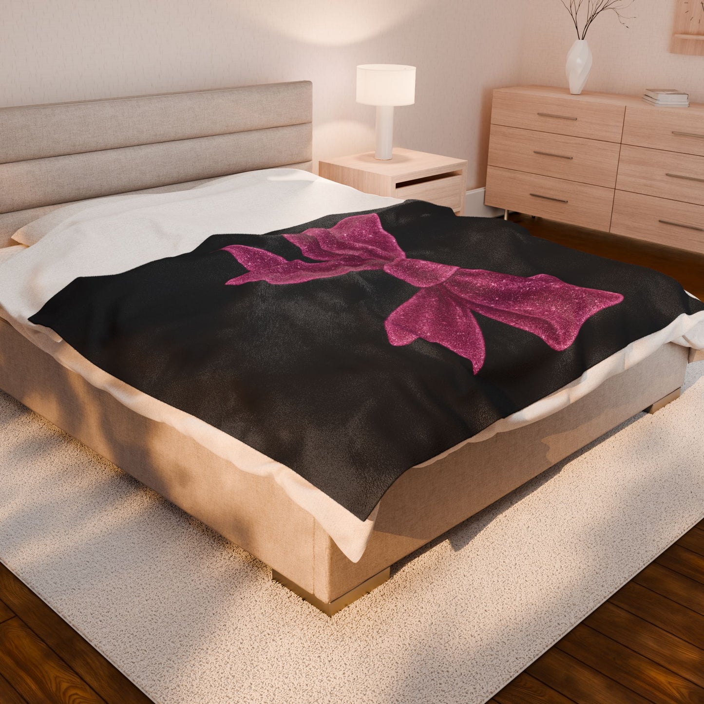 Black Throw Blanket with Glitter Pink Bow – Cozy Soft Bed Cover – Girly Glam Room Decor – Teen Girl Gift – Elegant Bedding Accent