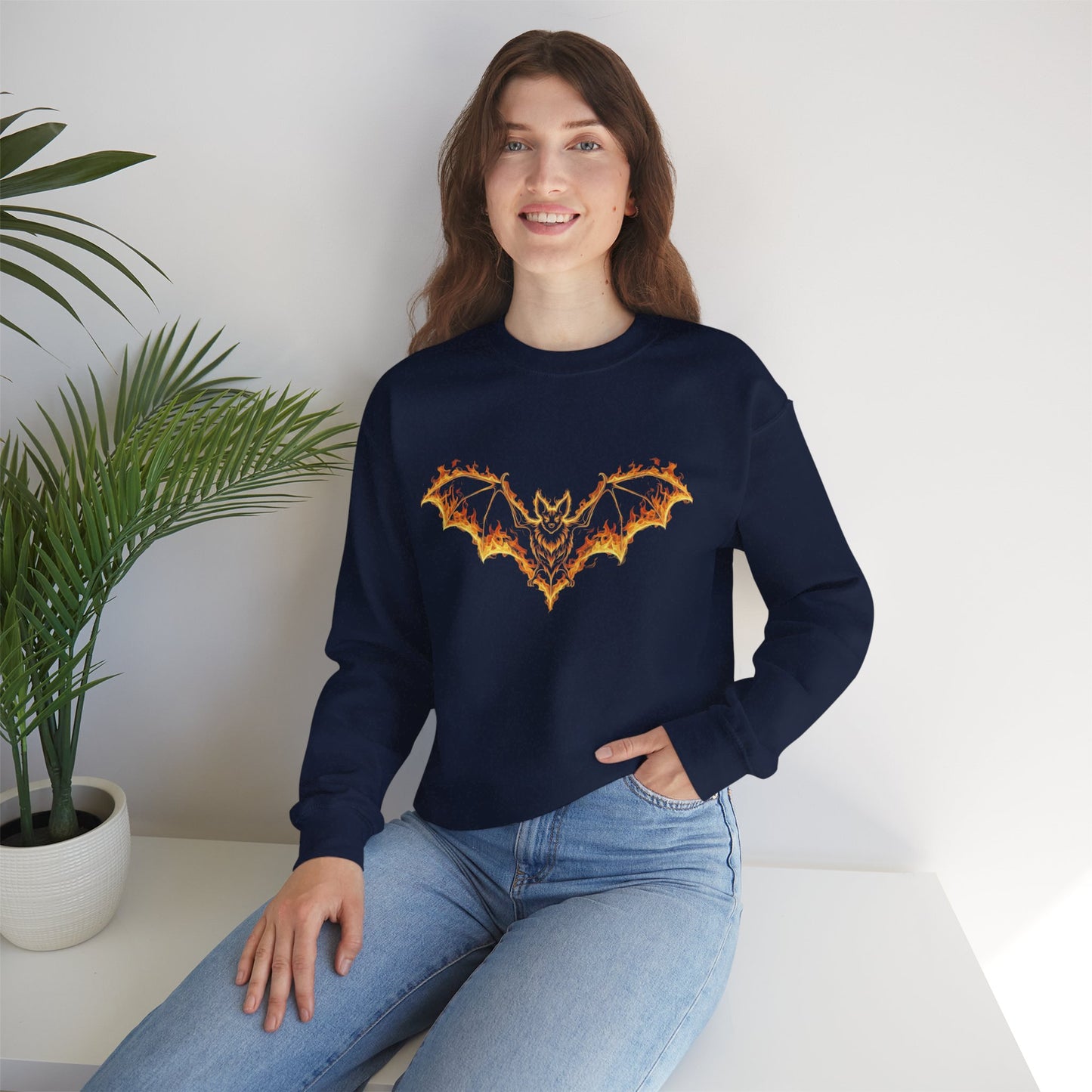 Flaming Bat Sweatshirt - Halloween Spooky Season Graphic Crewneck, Fiery Bat Design, Gothic Fall Fashion, Spooky Gift