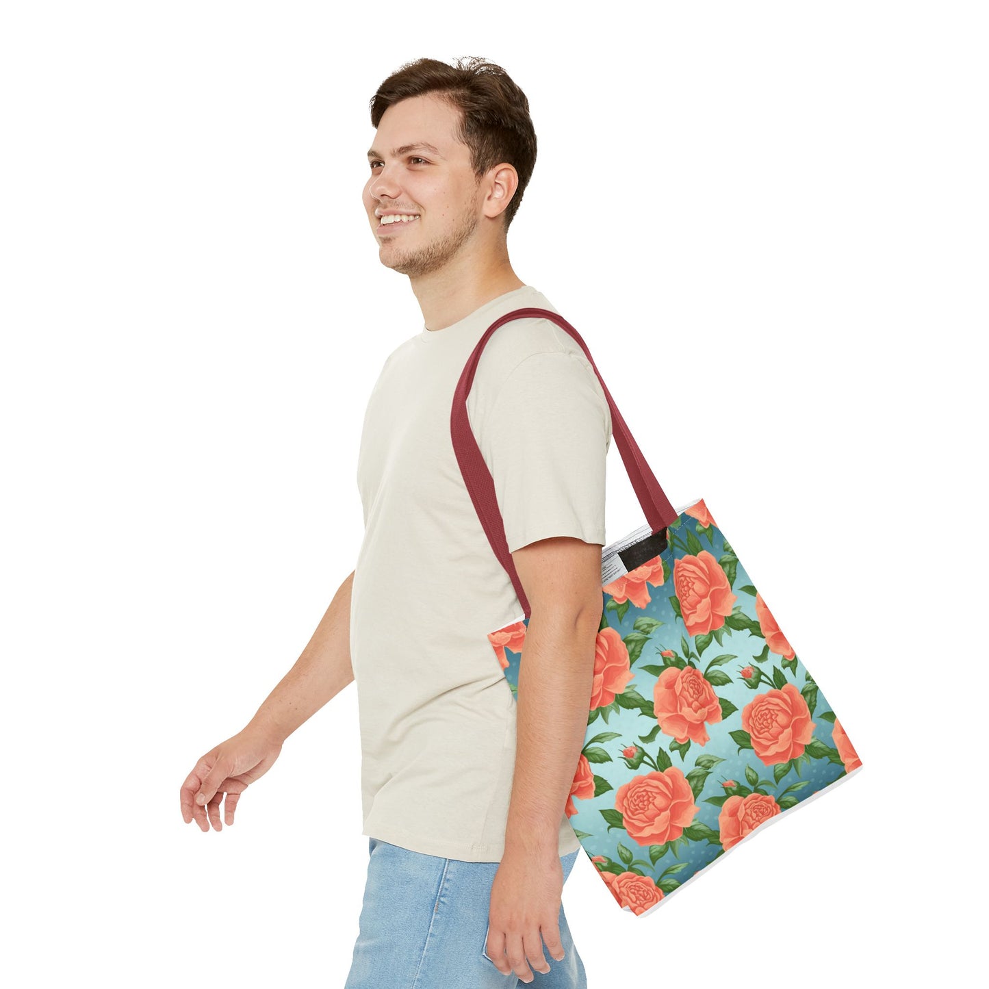 Vintage Floral Tote Bag – Coral Rose Pattern on Blue Background – Aesthetic Everyday Carry Bag – Reusable Fabric Market Tote Gift