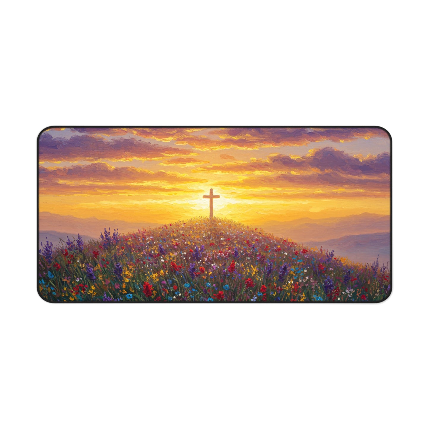 Desk Mat Mouse Pad - Cross on a Hill Monet Style Painting Christian Accessory Spiritual Mouse Pad Religious Desk Mat