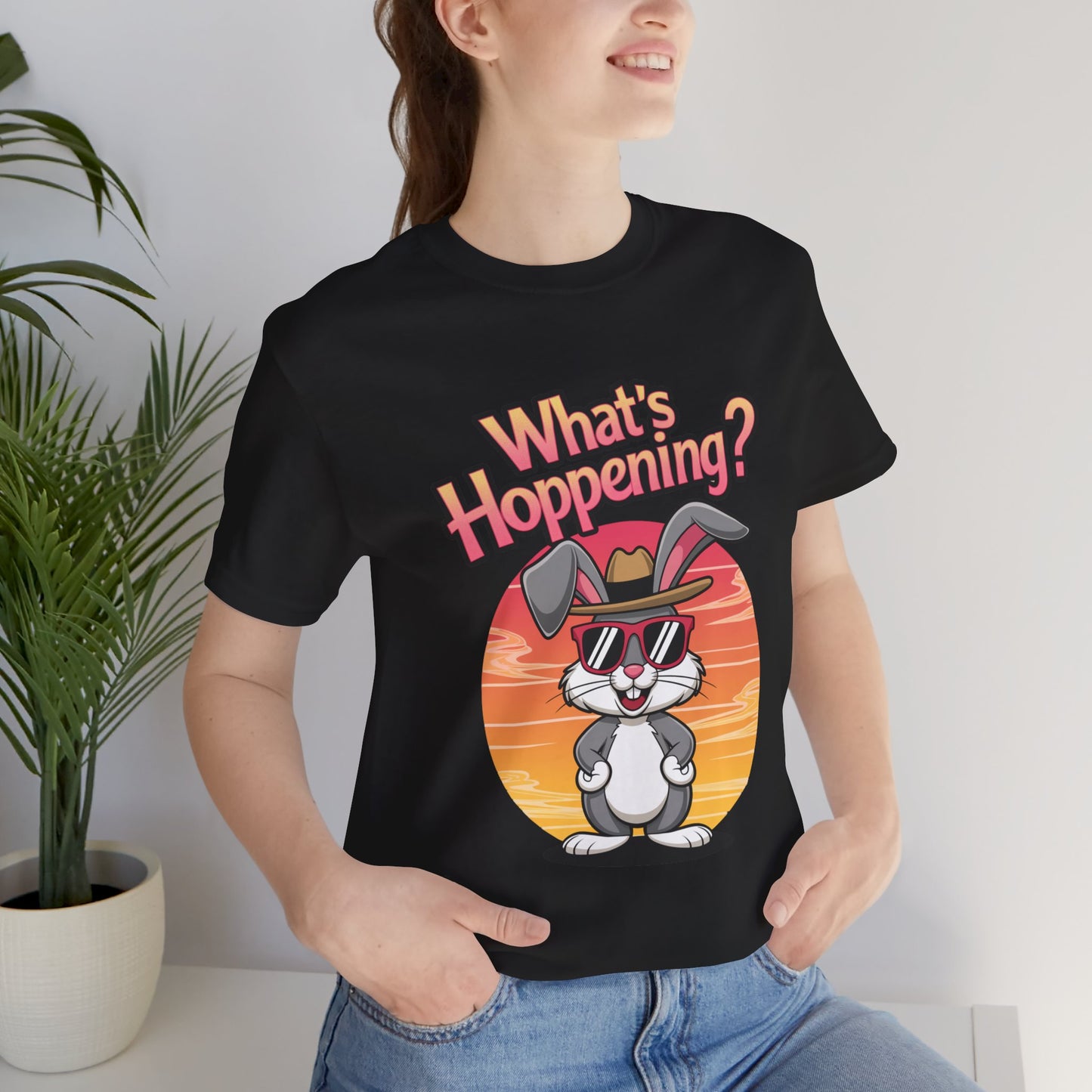 What’s Hoppening Funny Bunny Shirt – Cute Rabbit Pun T-Shirt – Sunset Graphic Tee for Animal Lovers, Easter, and Pun Enthusiasts