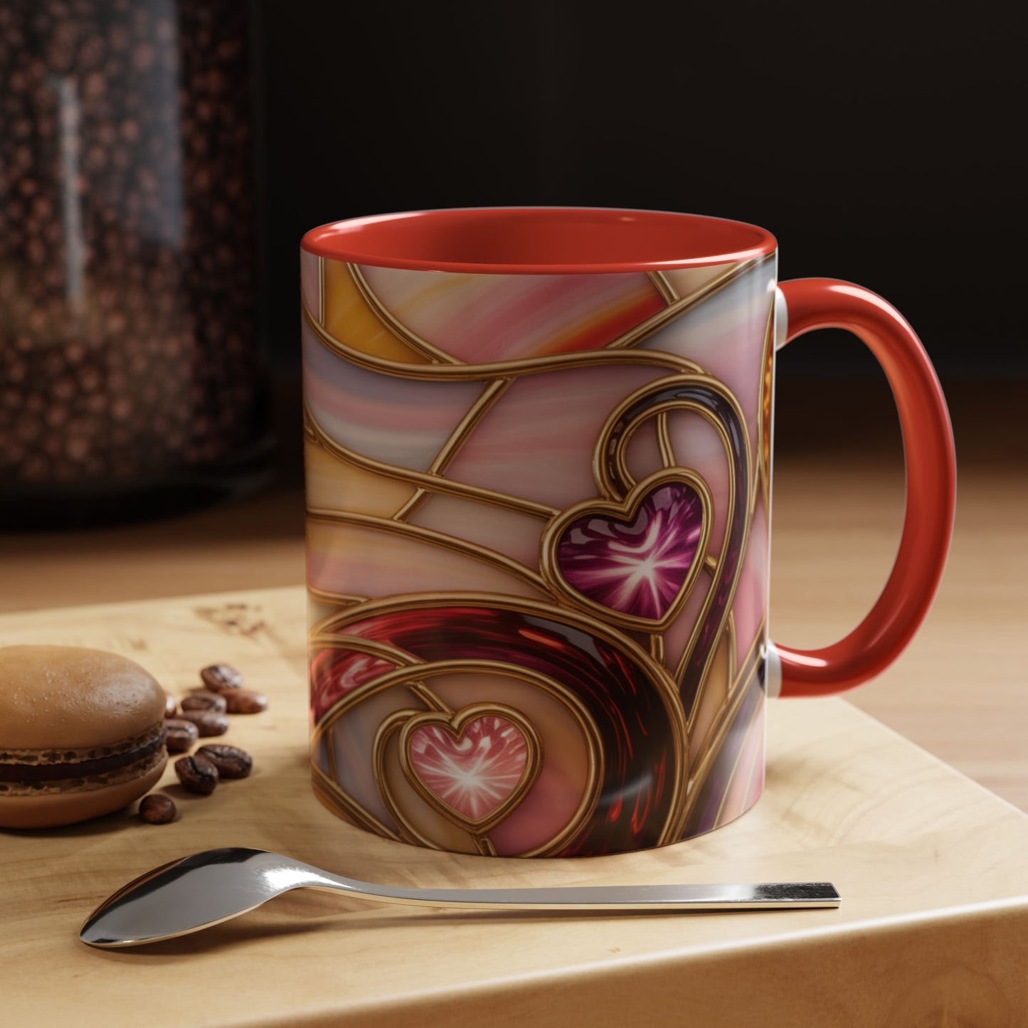 Stained Glass Heart Mug, Romantic Love Coffee Cup, Pink Red Gold Glass Style Mug, Valentine Gift For Her, Anniversary Wedding Decor