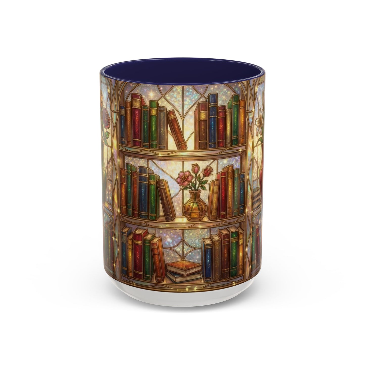 Stained Glass Books Mug, Book Lover Coffee Mug, Cozy Library Mug, Bookish Gift For Readers, Dark Academia Mug, Floral Bookshelf Cup