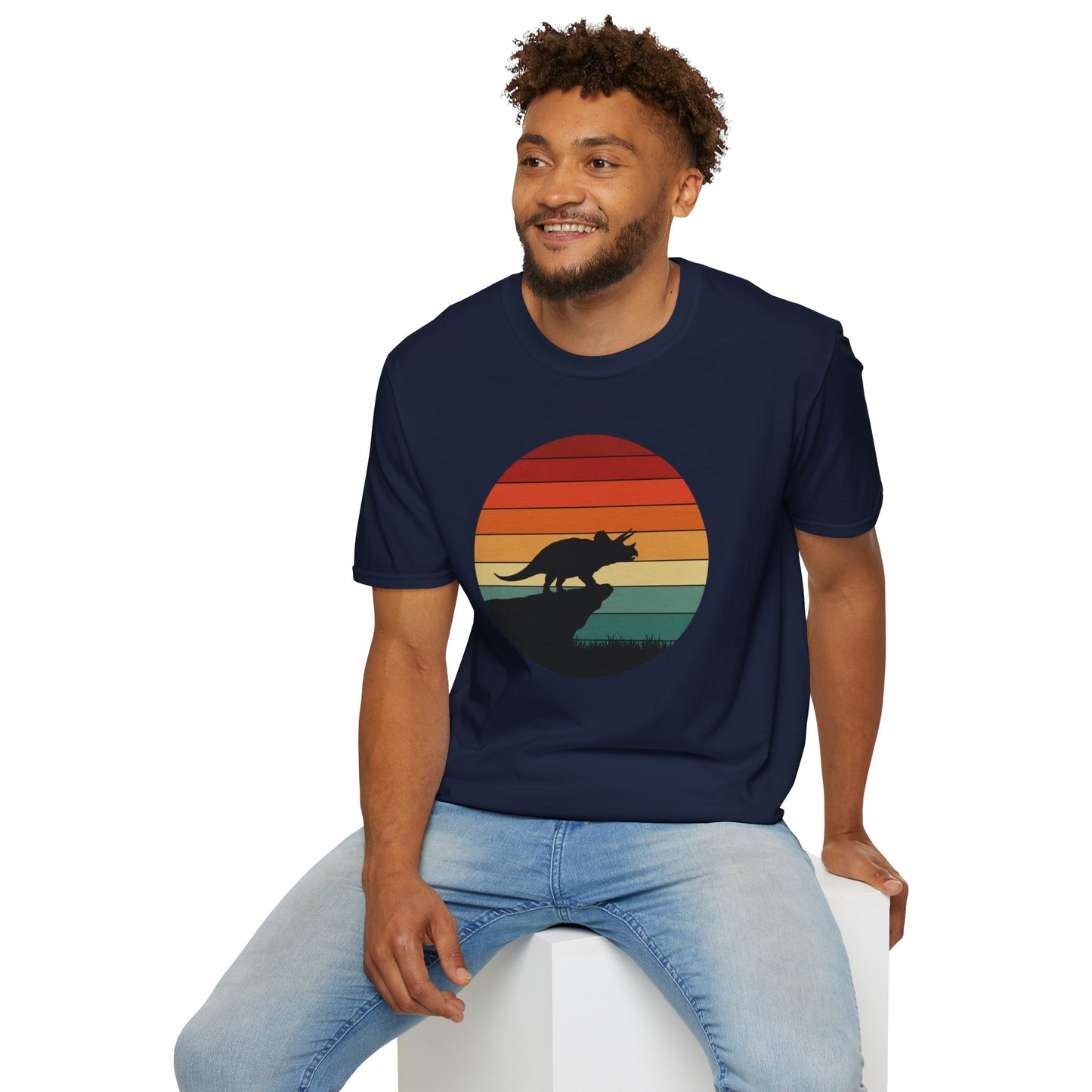 Retro Triceratops Sunset T-Shirt - Vintage Dino Graphic Tee - Unisex Softstyle Dinosaur Shirt - Nature and Prehistoric Lover Gift