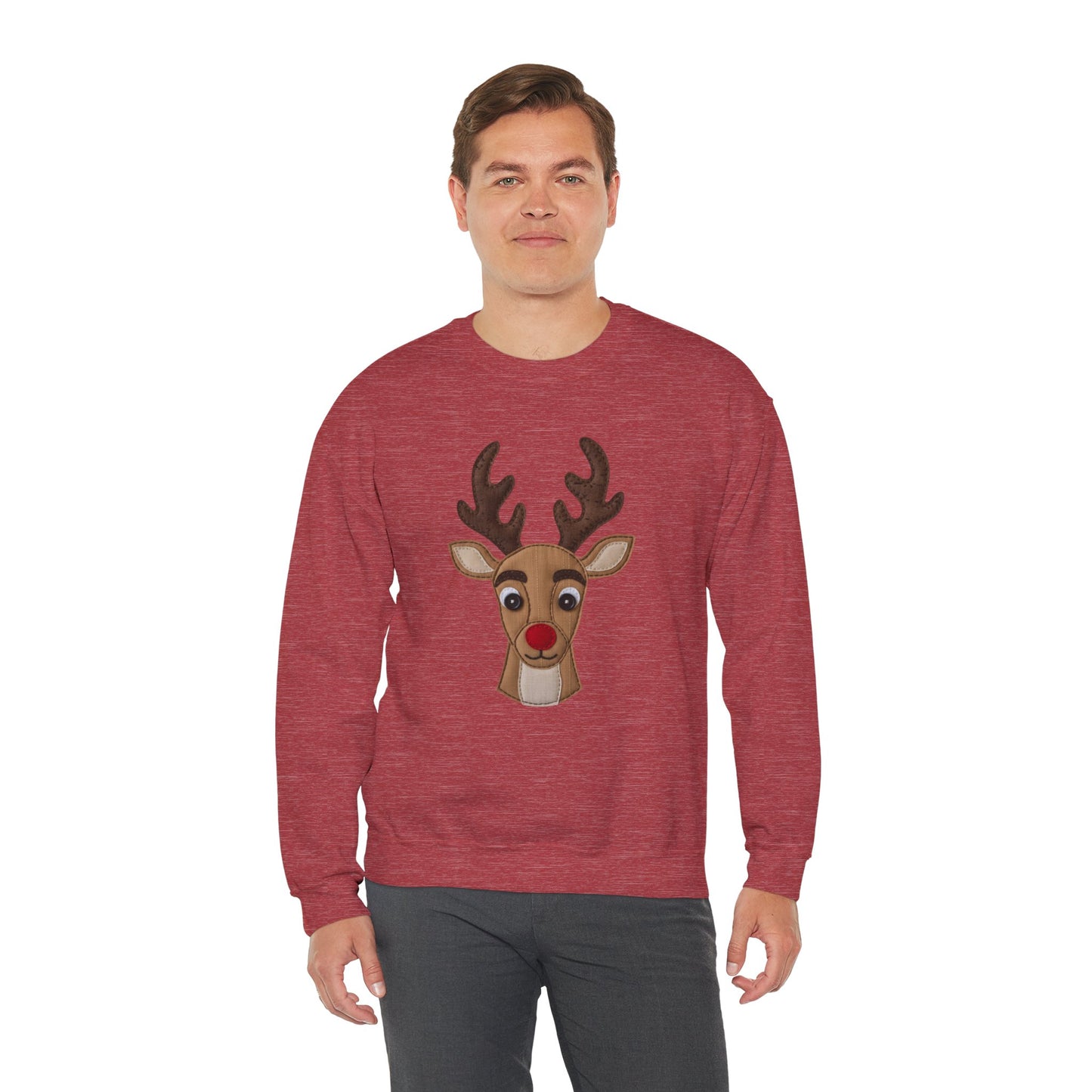 Faux Patchwork Rudolph Sweatshirt, Cute Reindeer Christmas Crewneck, Cozy Holiday Pullover, Winter Reindeer Sweater, Xmas Gift for Women