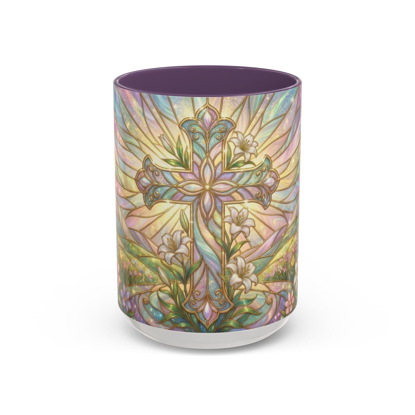 Stained Glass Cross Mug, Easter Lily Coffee Cup, Christian Religious Gift, Pastel Floral Faith Mug, Spring Believer Cup, Baptism Present