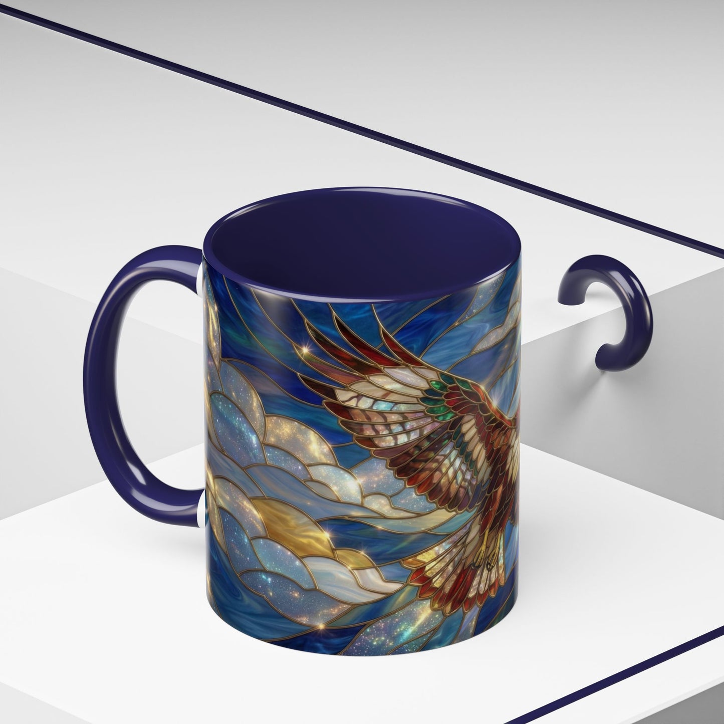 Stained Glass Hawk Mug, Soaring Bird Coffee Mug, Nature Art Hawk Cup, Bird Lover Gift, Stained Glass Style Animal Mug