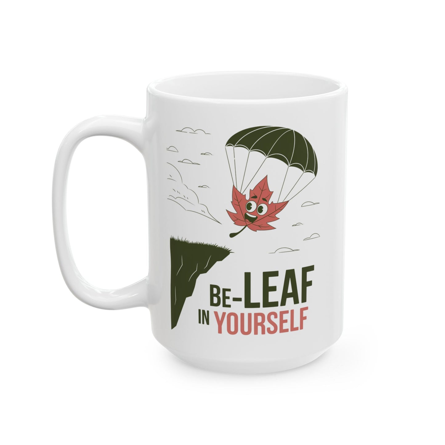 Be-Leaf In Yourself Mug – Motivational Leaf Parachute Design on Ceramic Coffee Cup, Positive Affirmation Gift for Fall Lovers & Nature Enthusiasts