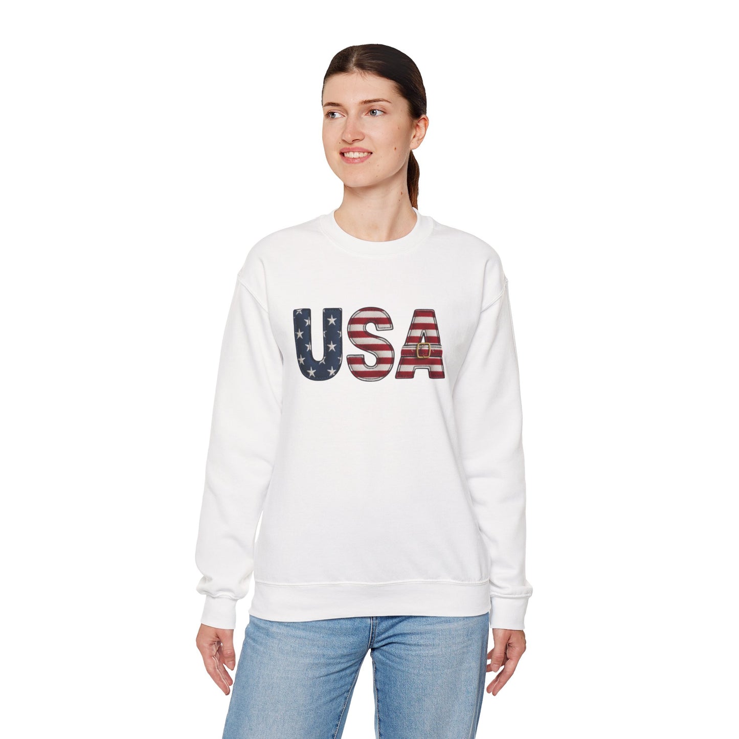 Faux Patchwork USA Sweatshirt, Patriotic Quilt Style Top, Rustic Americana Crewneck, 4th of July Shirt, Country USA Sweater, Vintage Flag Top