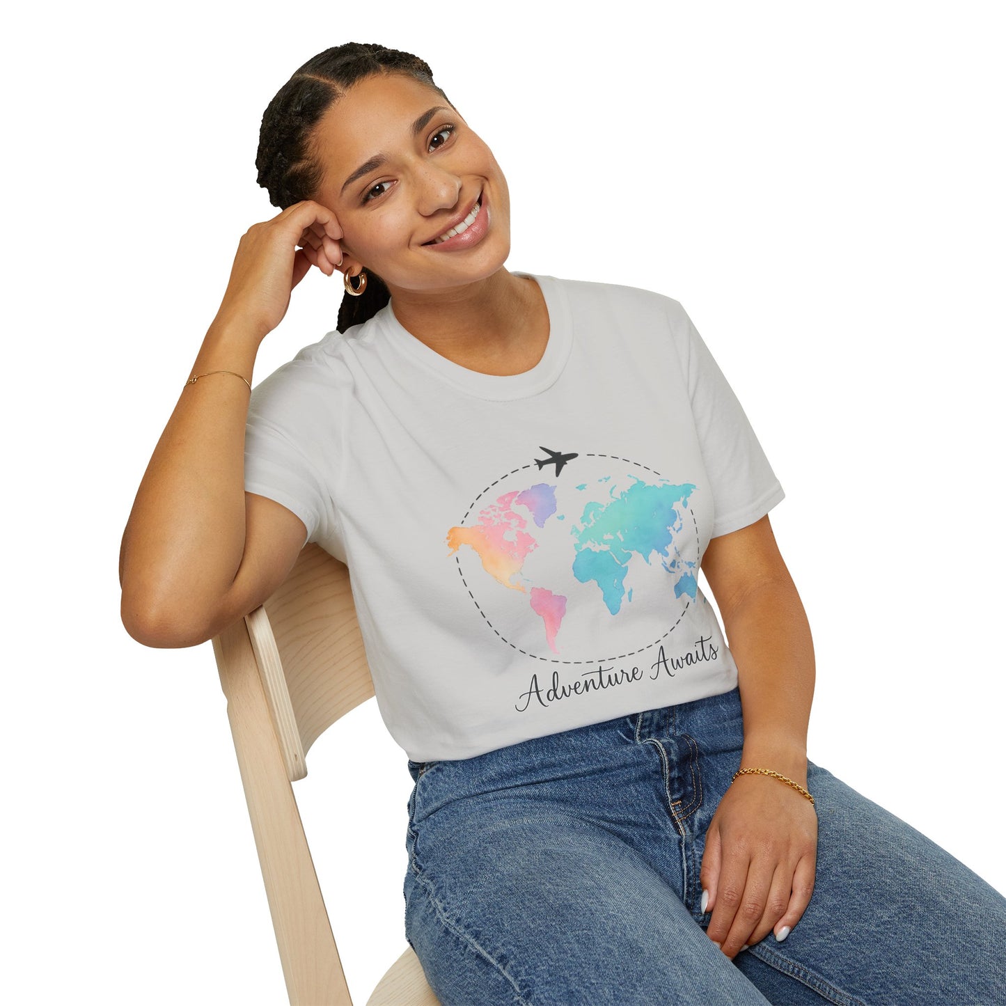 Adventure Awaits Travel Shirt | Watercolor World Map Tee for Women and Men | Wanderlust Gift for Travelers, Hikers, Campers, Beach Lovers