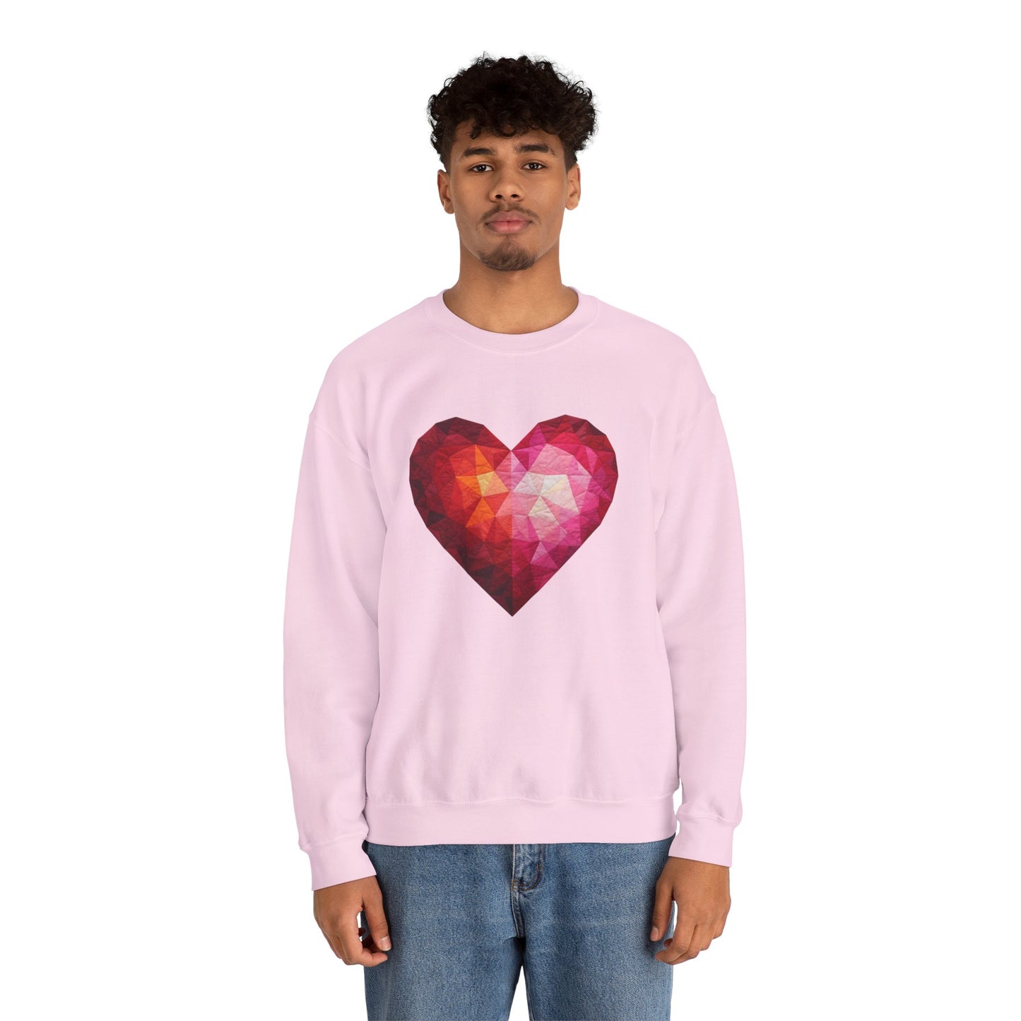 Faux Patchwork Heart Sweatshirt, Geometric Heart Sweater, Cute Valentines Sweatshirt, Cozy Pink Heart Crewneck, Winter Heart Pullover