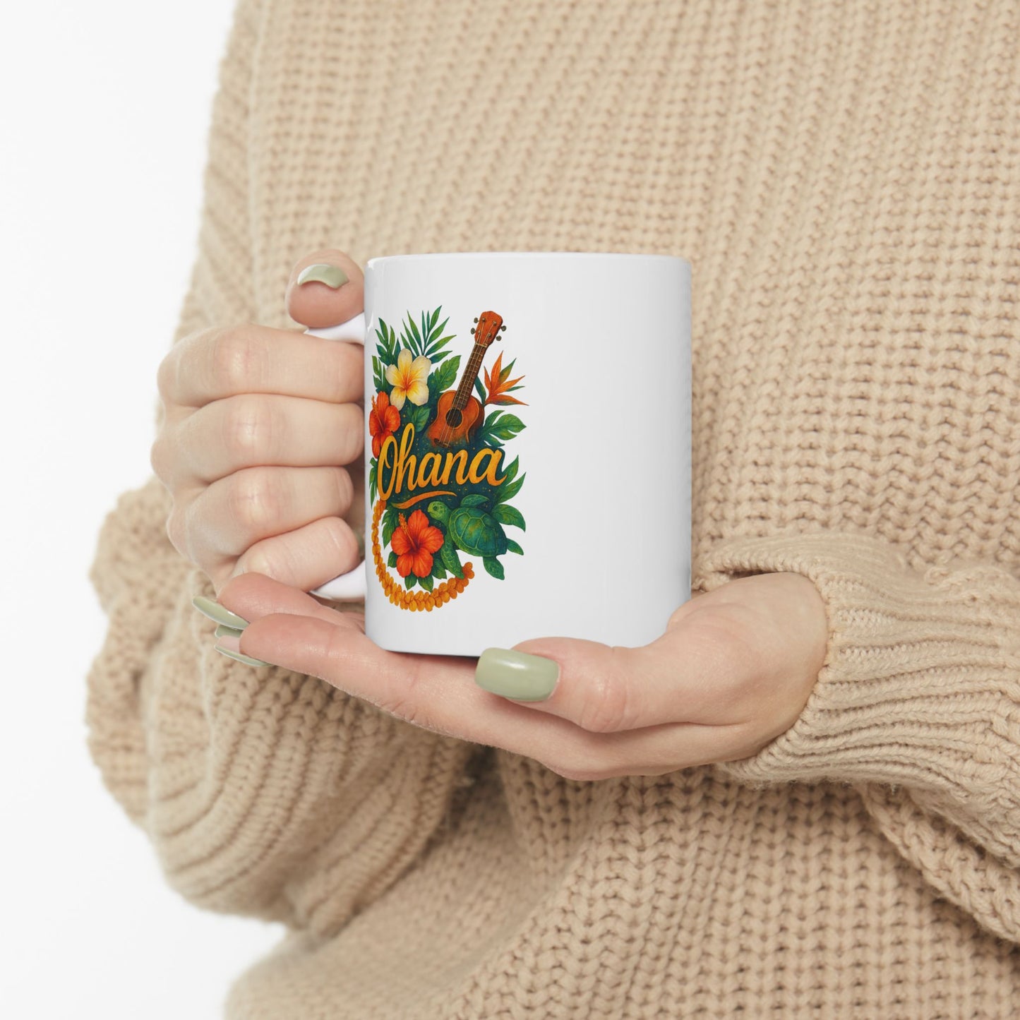Ohana Hawaiian Mug - Tropical Coffee Cup with Ukulele & Hibiscus Flowers - Island Gift for Family, Friends, or Beach Lovers