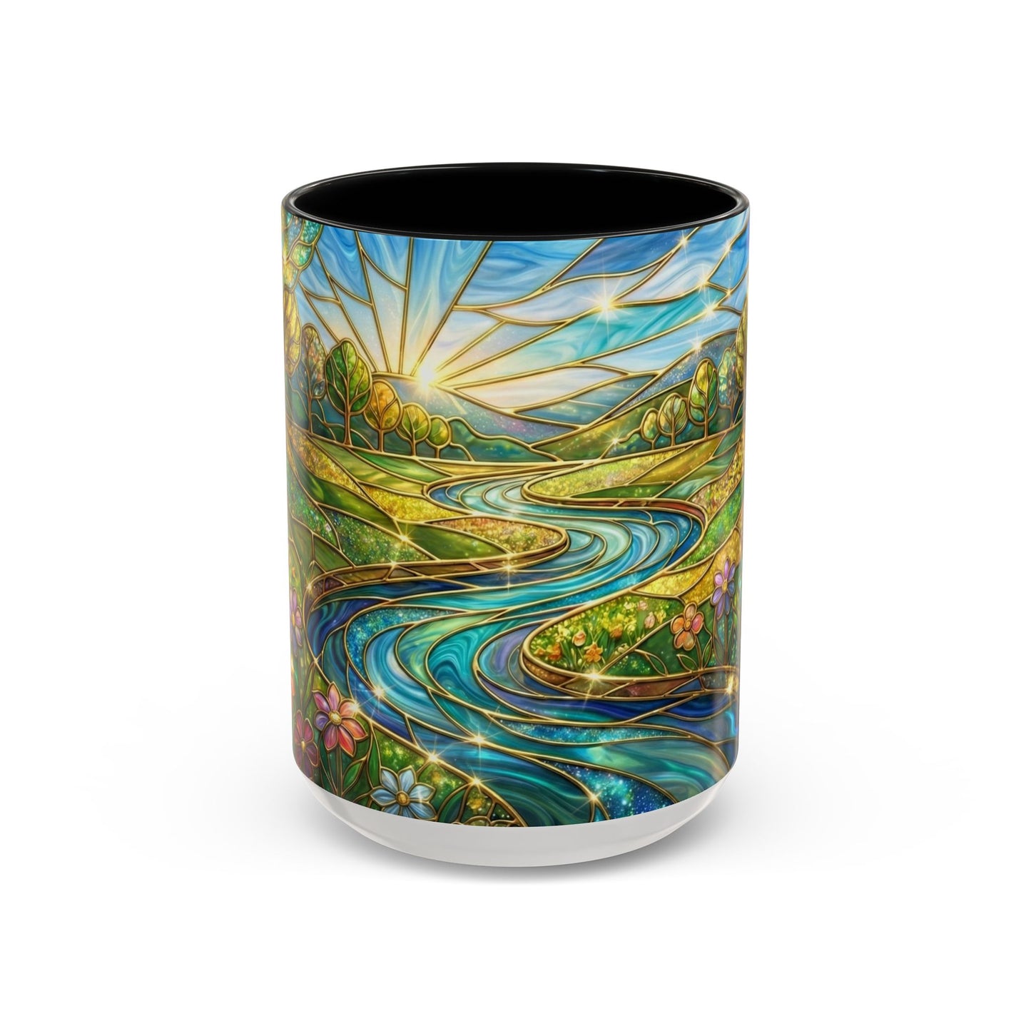 Stained Glass Mug, River Landscape Coffee Cup, Nature Lover Gift, Floral Tea Mug, Gardener Present, Art Teacher Gift, Colorful Scenery Cup