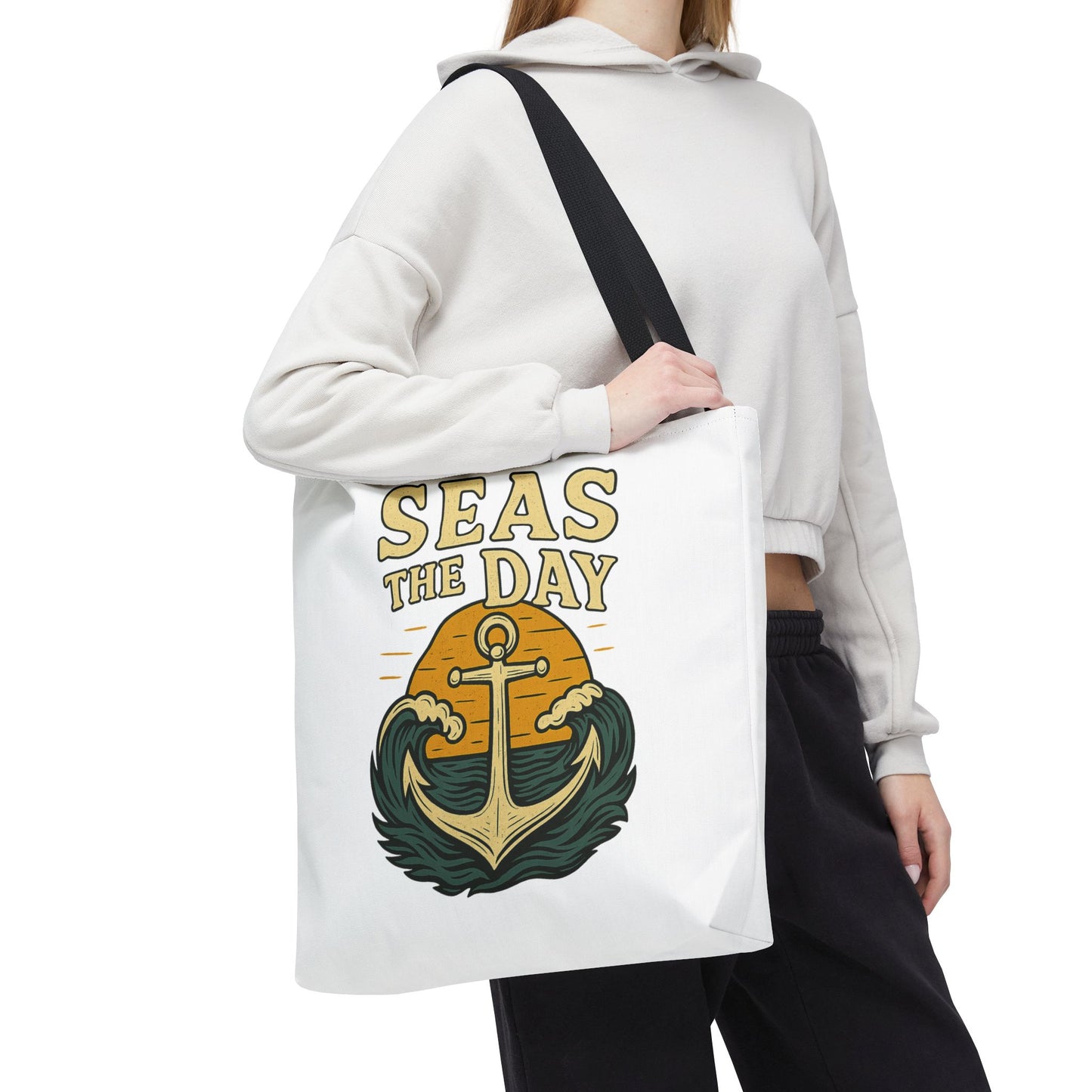 "Seas the Day" Nautical Tote Bag – Funny Beach Quote Canvas Bag with Anchor | Coastal Gift Idea for Summer, Travel, or Daily Use