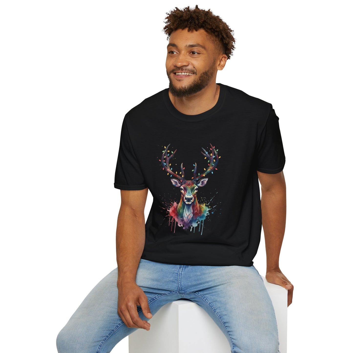 Christmas Deer Shirt, Watercolor Buck T-Shirt, Deer With Christmas Lights Tee, Holiday Wildlife Art Shirt, Colorful Deer Head Xmas Tee