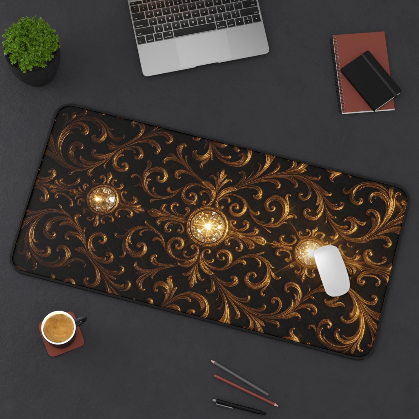 Baroque Desk Mat – Gothic Gold Extended Mouse Pad, Luxury Black Scroll Office Decor, Large Gaming Mat, Elegant Workspace Gift
