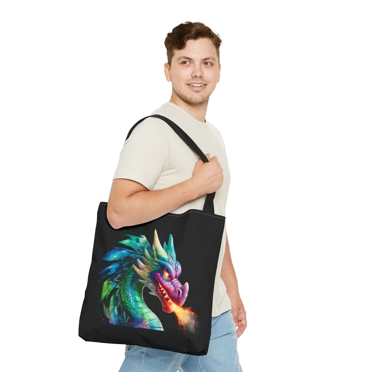 Double-Sided Fierce Dragon Canvas Tote - Colorful Fire-Breathing Fantasy, Eco Reusable Bag, Gift for Dragon Lover