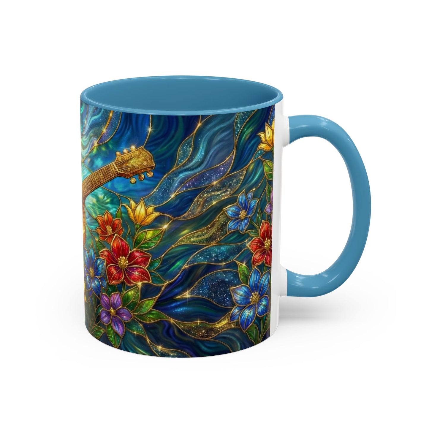 Guitar Coffee Mug, Stained Glass Guitar Art Mug, Music Lover Gift, Floral Acoustic Guitar Mug, Ceramic Coffee Cup, Unique Musician Gift, 11oz