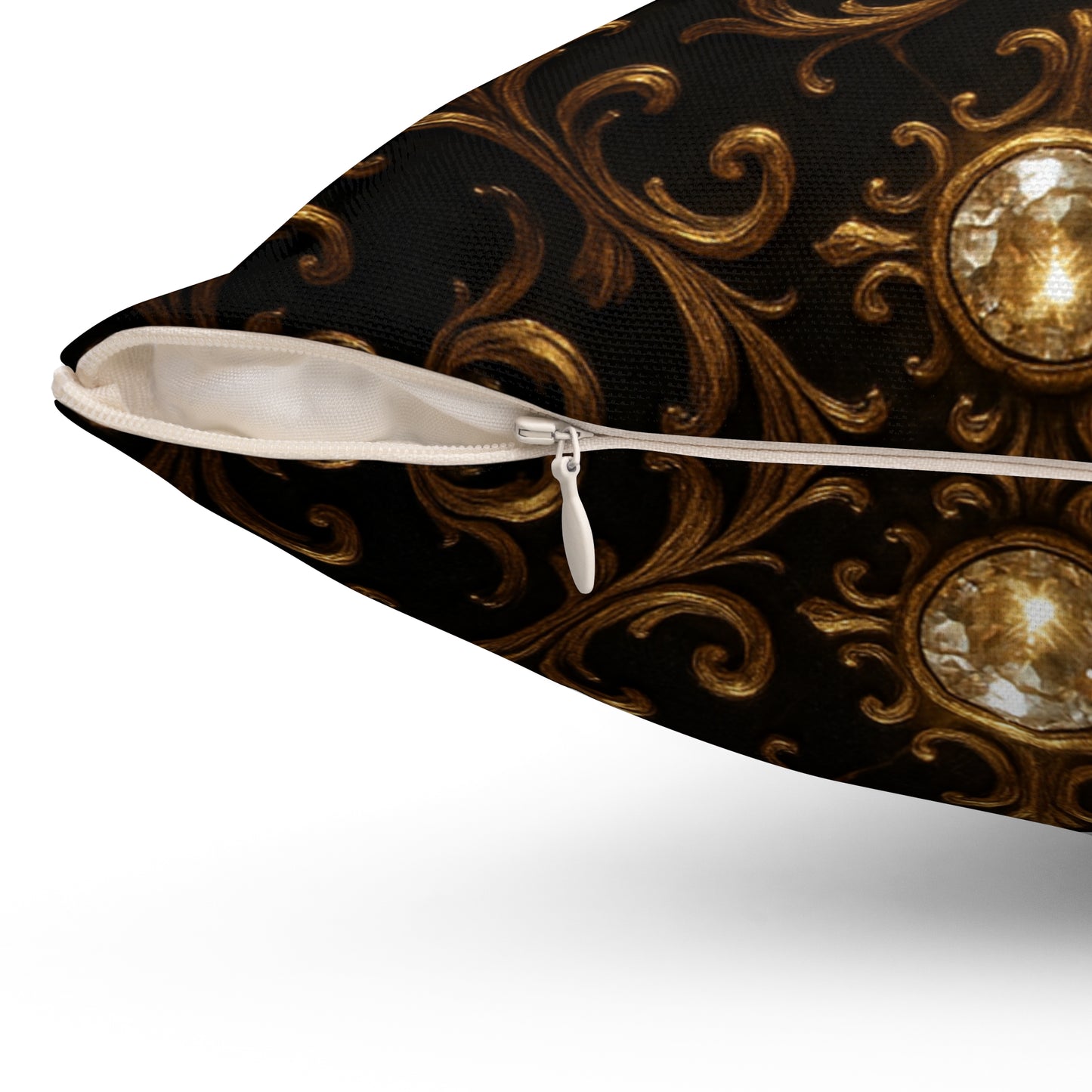 Baroque Gold Scroll Throw Pillow Black Luxury Cushion Cover with Ornate Jewel Design, Gothic Glam Home Decor, Elegant Accent Pillow