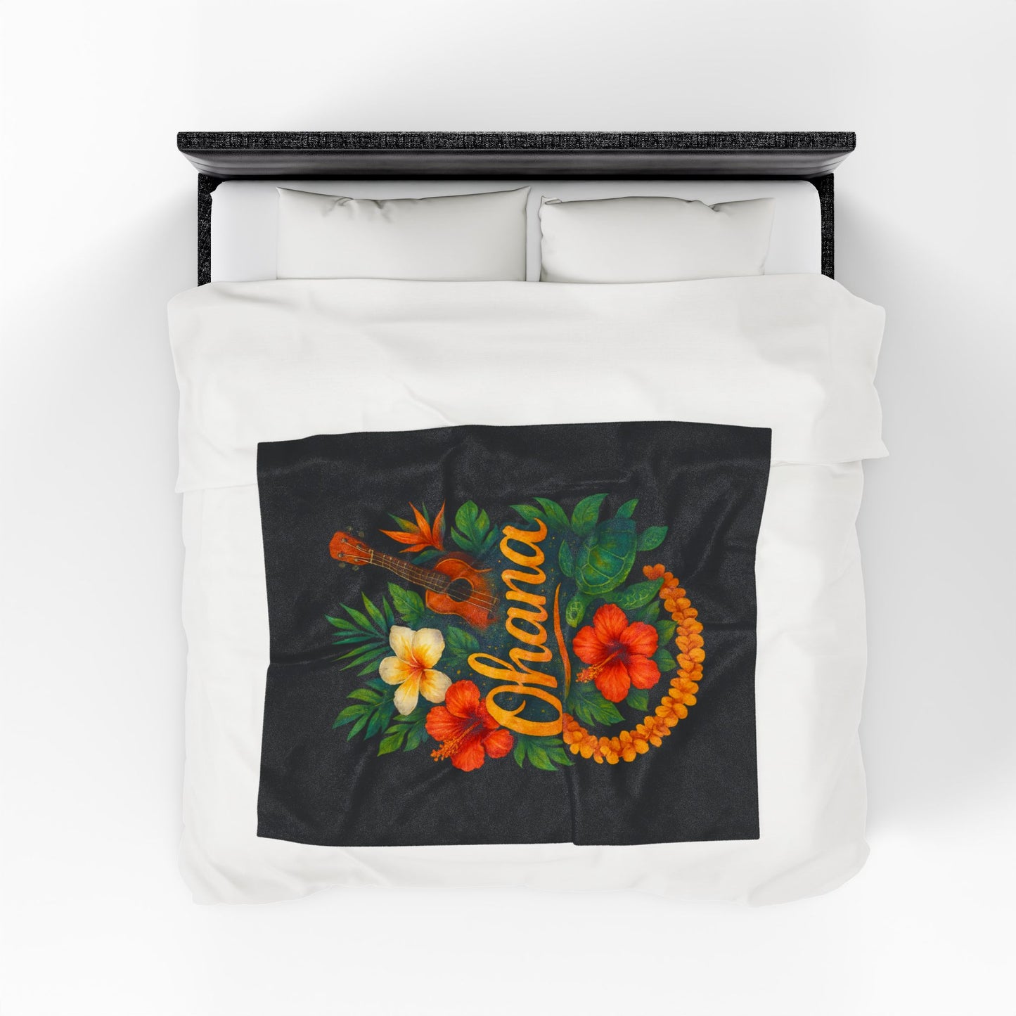 Ohana Hawaiian Blanket - Tropical Floral Turtle Ukulele Throw - Polynesian Island Bedding - Hawaii Gift - Cozy Beach Vibes Decor